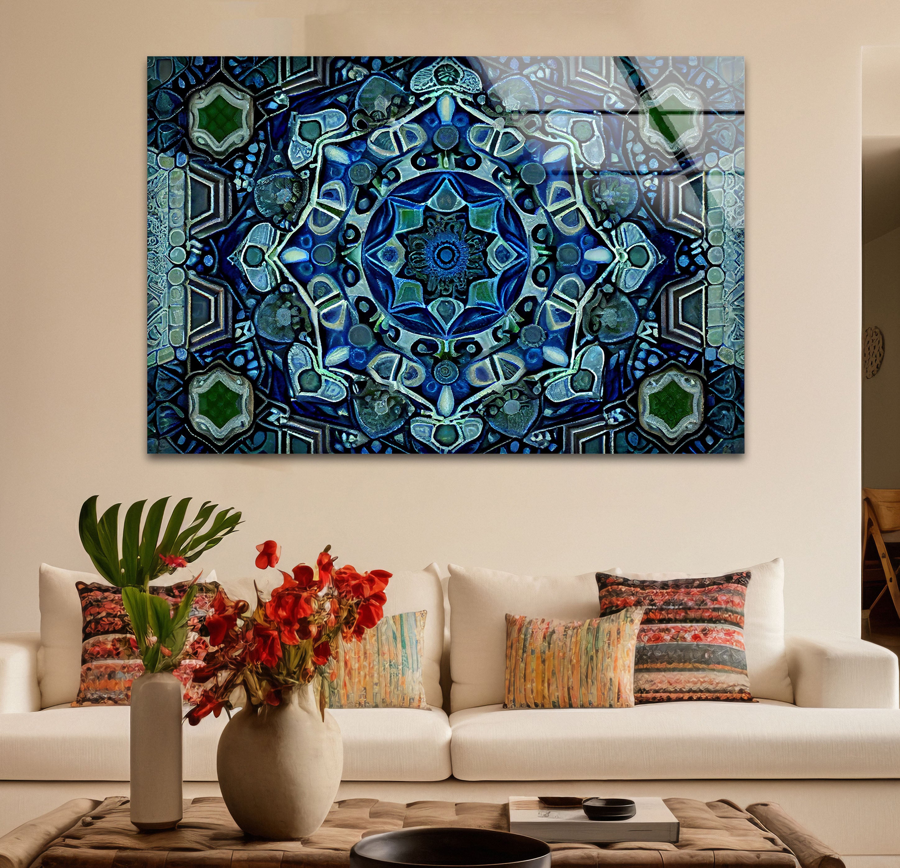 Blue Mandala Glass Wall Art – Handcrafted Intricate Geometric Design for Modern Home & Office Decor | Meditation Room, Yoga Studio & Spiritual Space Decor
