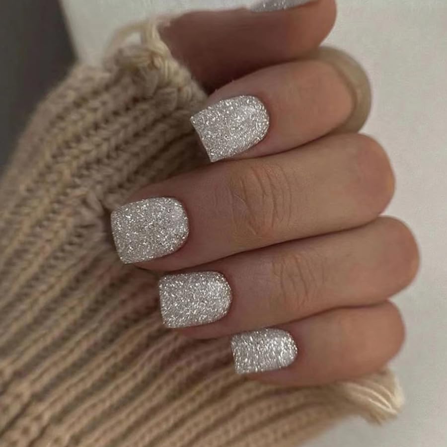 24Pcs Silver Glitter Press on Nails - Short Square Fake Nails with Blasting Designs | Shiny Full Cover Glossy Reusable Acrylic Stick on Nails for Women & Girls | Light Luxury Manicure for Parties, Weddings & Special Occasions