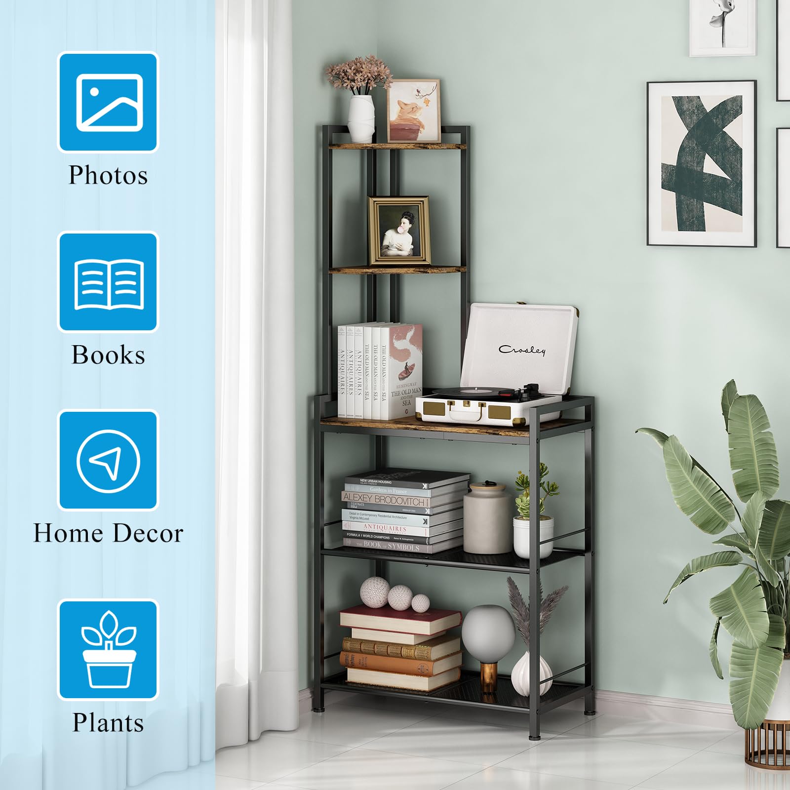 GILLAS 5-Tier Metal Corner Bookshelf - Freestanding Tall Storage Shelf Organizer for Living Room, Bedroom, Office - Rustic Industrial Style Space-Saving Solution | Perfect for Small Apartments & Home Decor