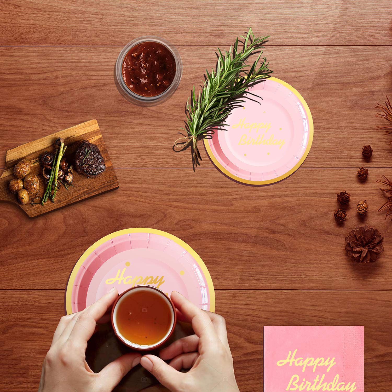 Pink Happy Birthday Party Supplies - 310 pcs Disposable Tableware Set for 50 Guests, Includes Foil Paper Plates & Napkins - Perfect for Birthday, Anniversary, Baby Shower & Bridal Shower Decorations