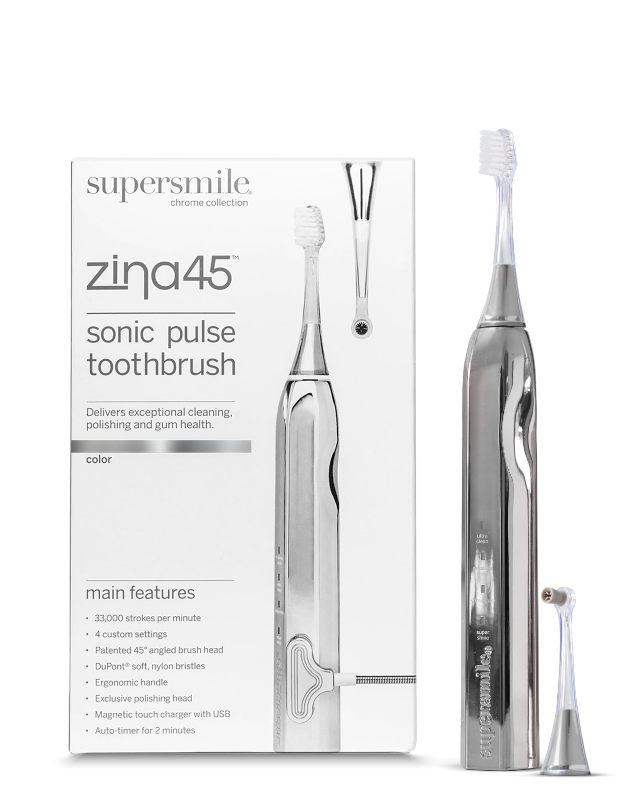 Supersmile Zina45 Deluxe Sonic Pulse Electric Toothbrush - Rechargeable Teeth Whitening Toothbrush with 45,000 VPM, Silver | Perfect for Travel & Daily Oral Care Routine
