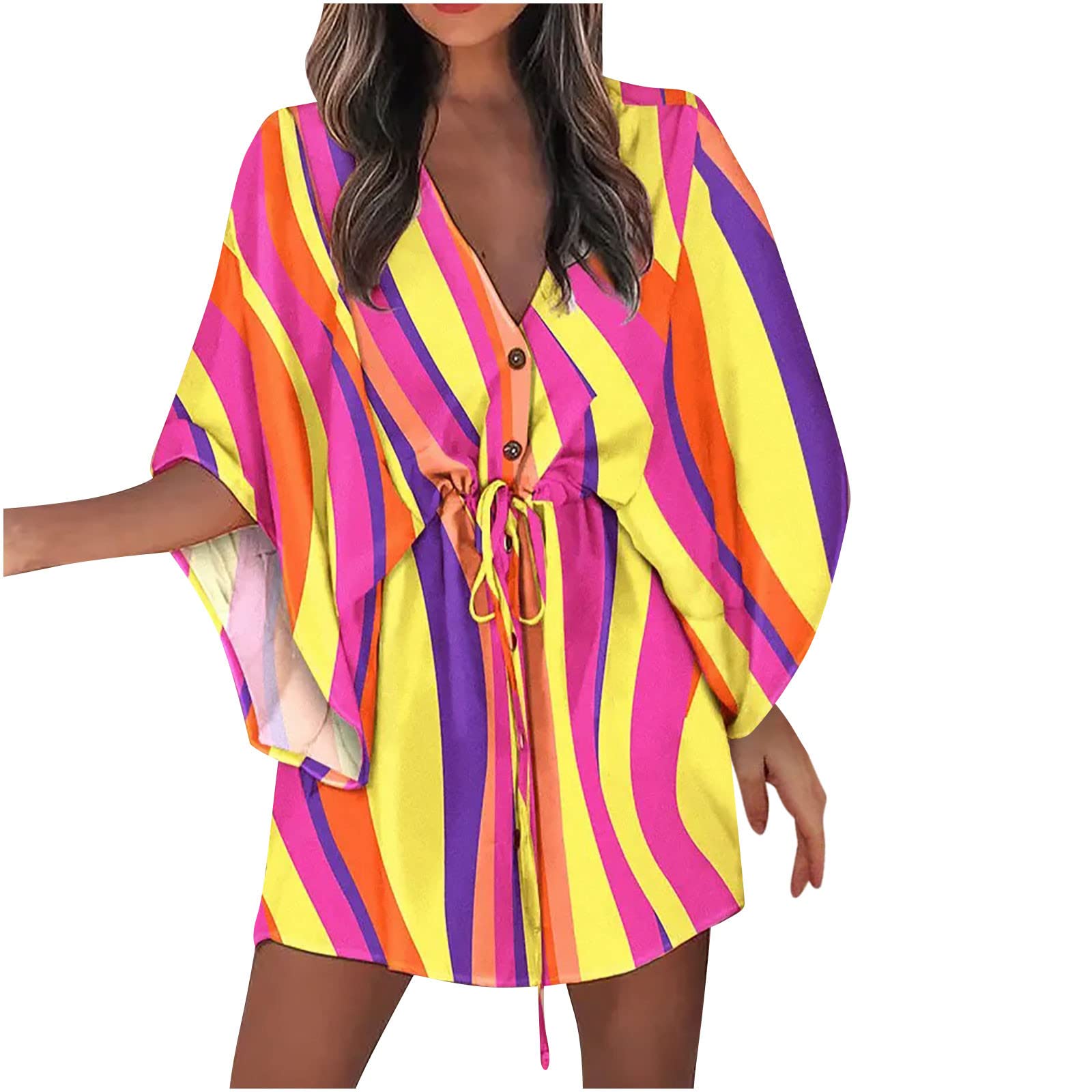 Women's Summer Casual Sundress - Button Front Printed V-Neck Loose Fit Half Sleeve Dress with Drawstring & Pockets | Sexy Elegant Flowy Maxi Dress for Beach, Vacation, and Everyday Wear