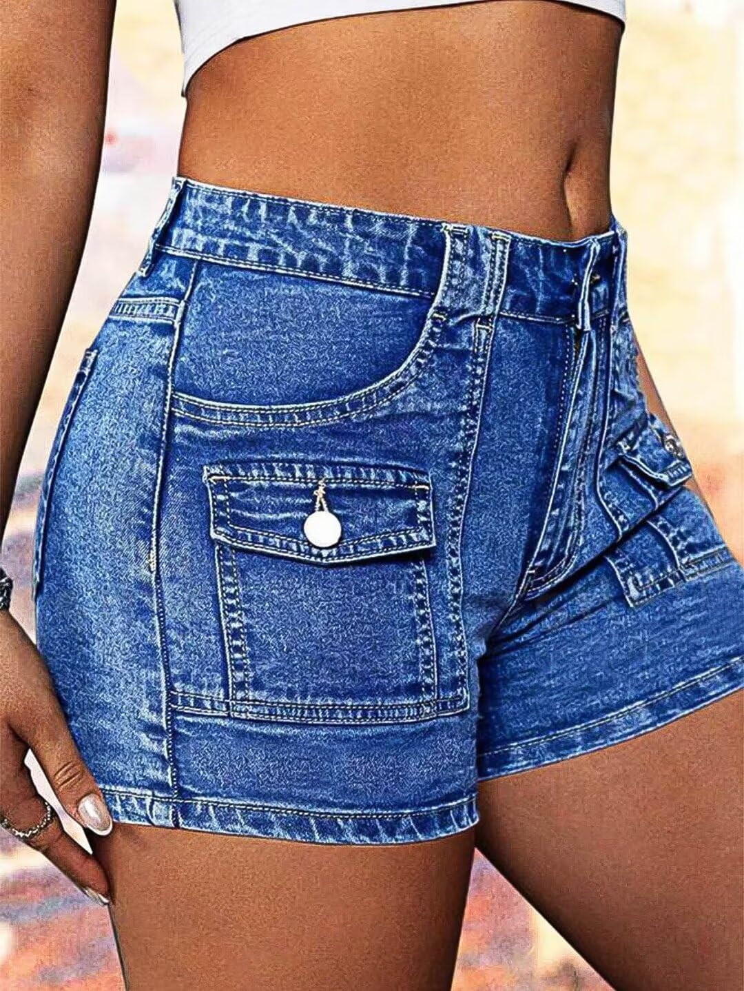 Flamingals Women's Mid Waist Denim Shorts with Flat Pocket - Comfortable Washed Jeans for Casual Wear, Summer Outfits & Beach Vacations