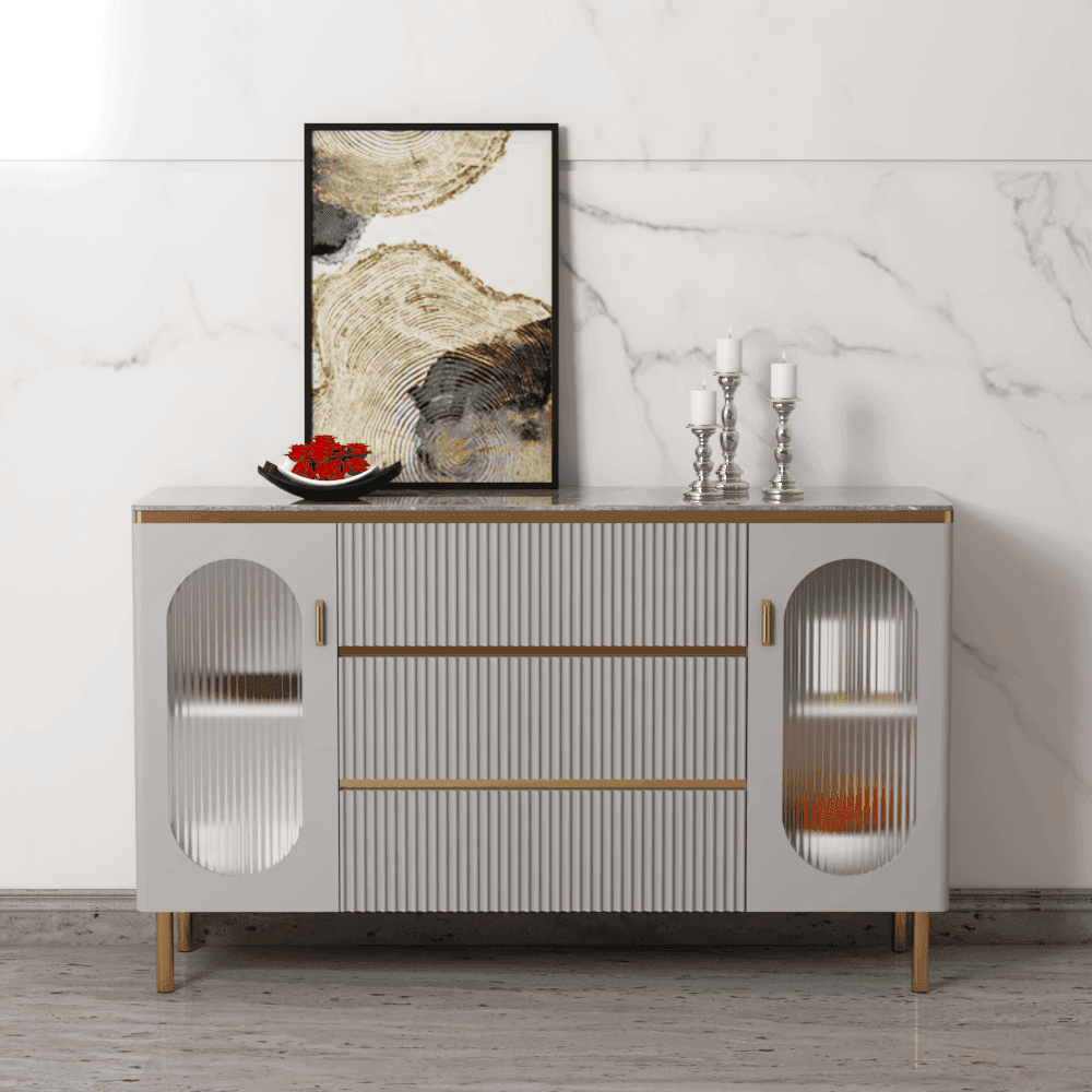 Hollis II Polished Sintered Stone Buffet Hutch - Modern Kitchen Storage Cabinet for Dining Room & Entertaining - Perfect for Displaying China, Glassware & Serving Dishes