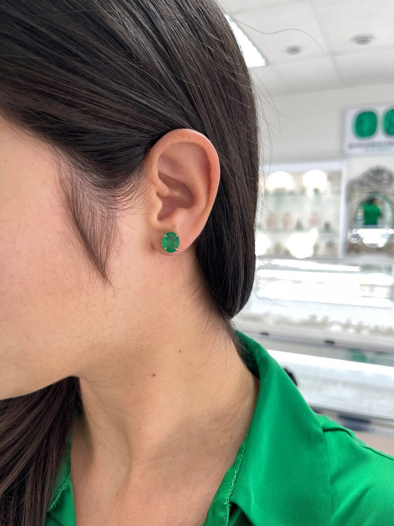 4.85tcw 18K Gold Vivid Dark Green Oval Cut Emerald Stud Earrings with Four Prong Claw Setting - Elegant Jewelry for Women, Perfect for Weddings, Parties & Special Occasions