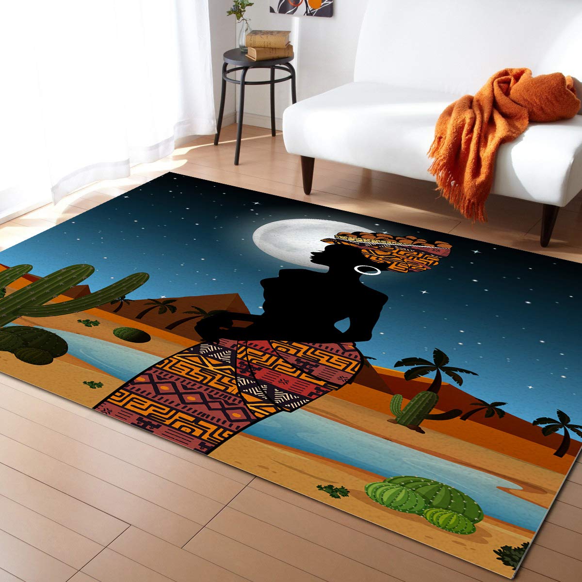 4'x6' African American Woman Afro Lady Cactus Desert Night Rectangle Area Rug - Large Floor Mat for Entryway, Front Porch, Kitchen, Laundry Room, Bathroom & Bedroom - Boho Home Decor for Living Room, Dorm or Office