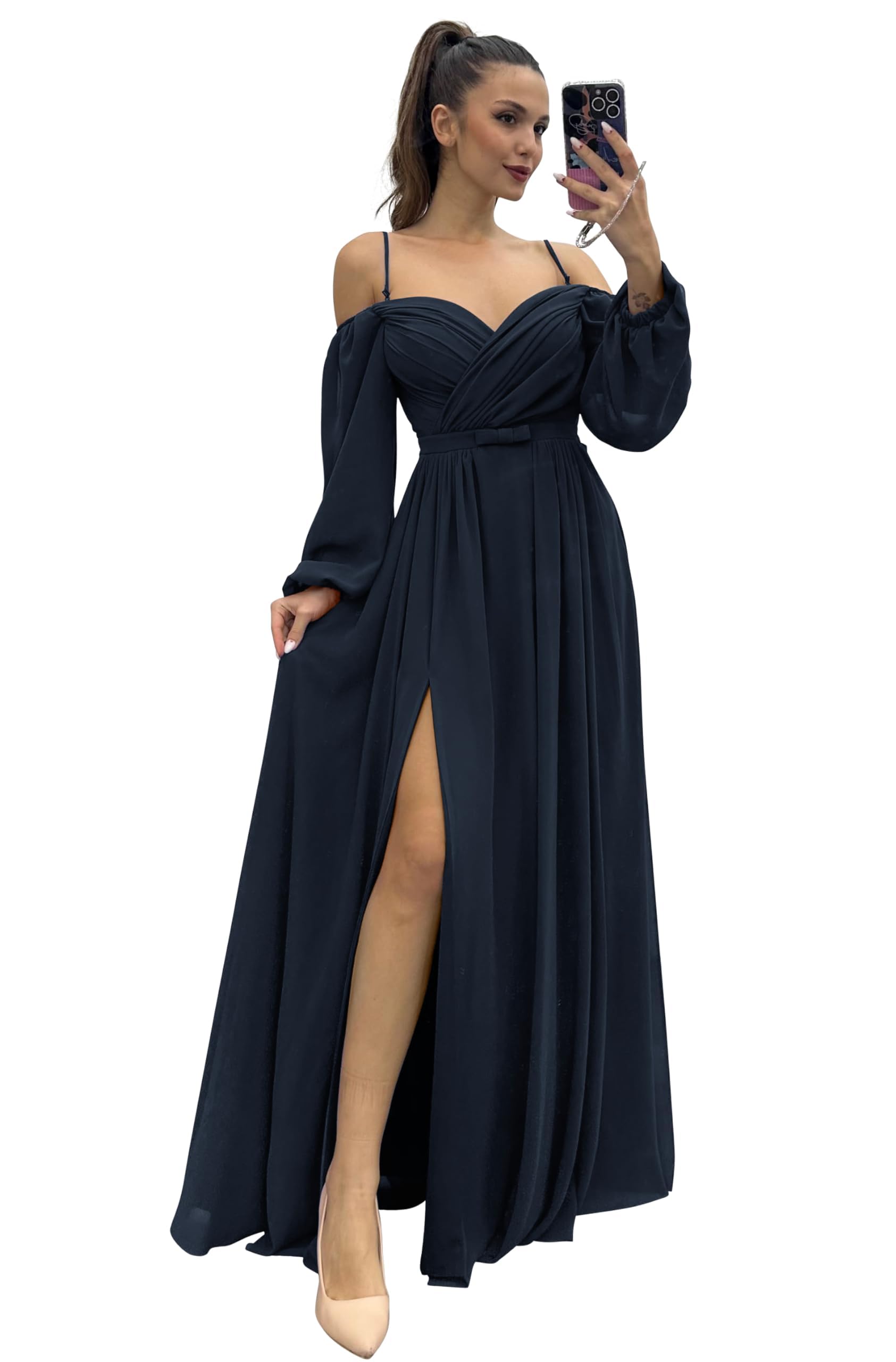 HSFIYAKJ Elegant Long Sleeve Bridesmaid Dress for Women - Off Shoulder Pleated Chiffon Formal Gown with High Slit | Perfect for Weddings, Parties & Special Occasions