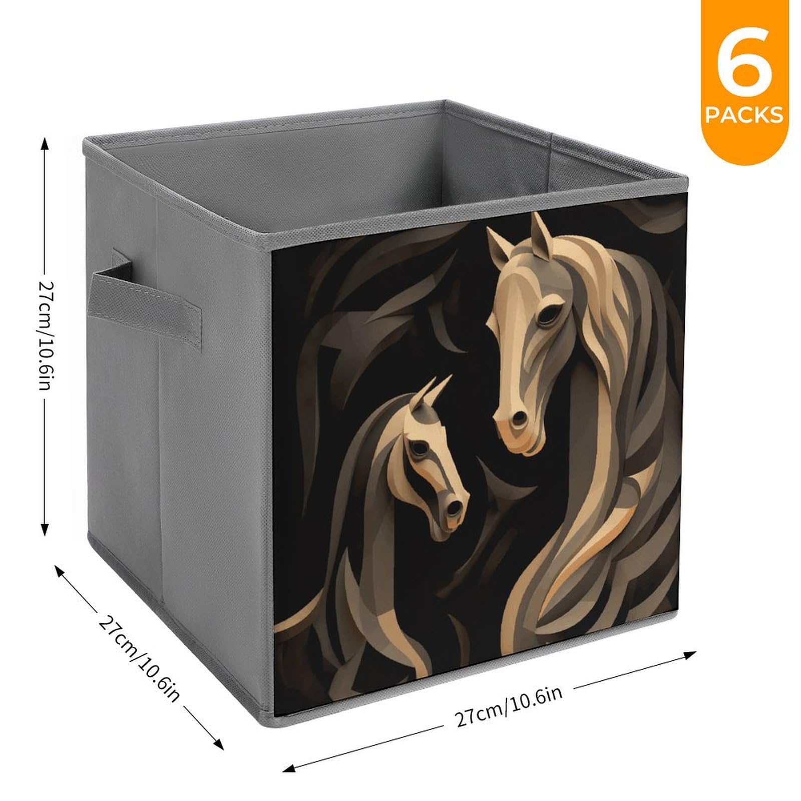 Collapsible Waterproof Storage Cube Bins with Handles - 6 Pack Organizer for Home, Closet, Office & Bedroom | Wood Carving Horse Toy Storage Box, Space-Saving Foldable Design