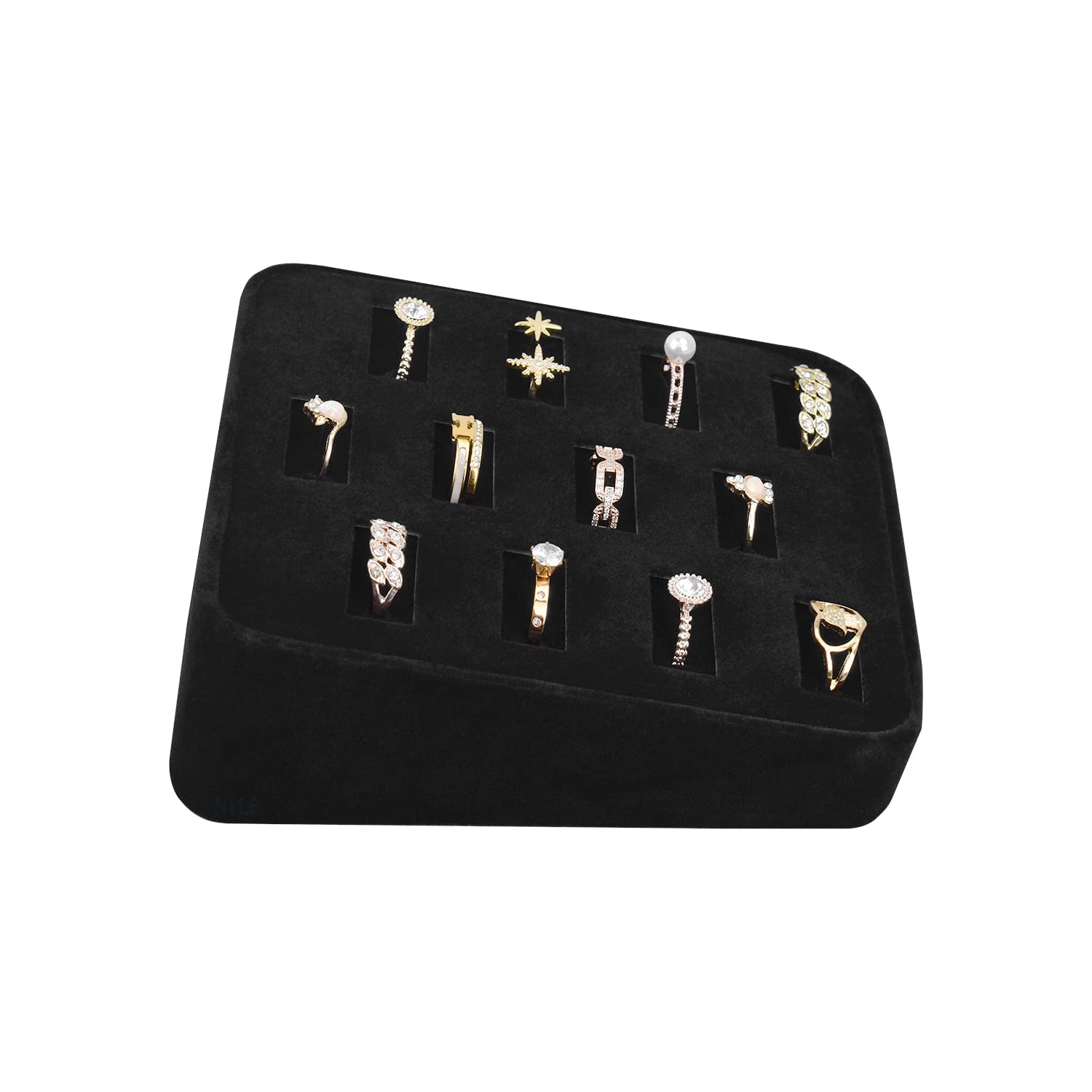 MOOCA 12 Slot Ring Display Tray - Velvet Jewelry Organizer Stand for Rings, Earrings & Bracelets - Perfect for Home, Trade Shows & Retail Store Showcases - Black Velvet Jewelry Display Case