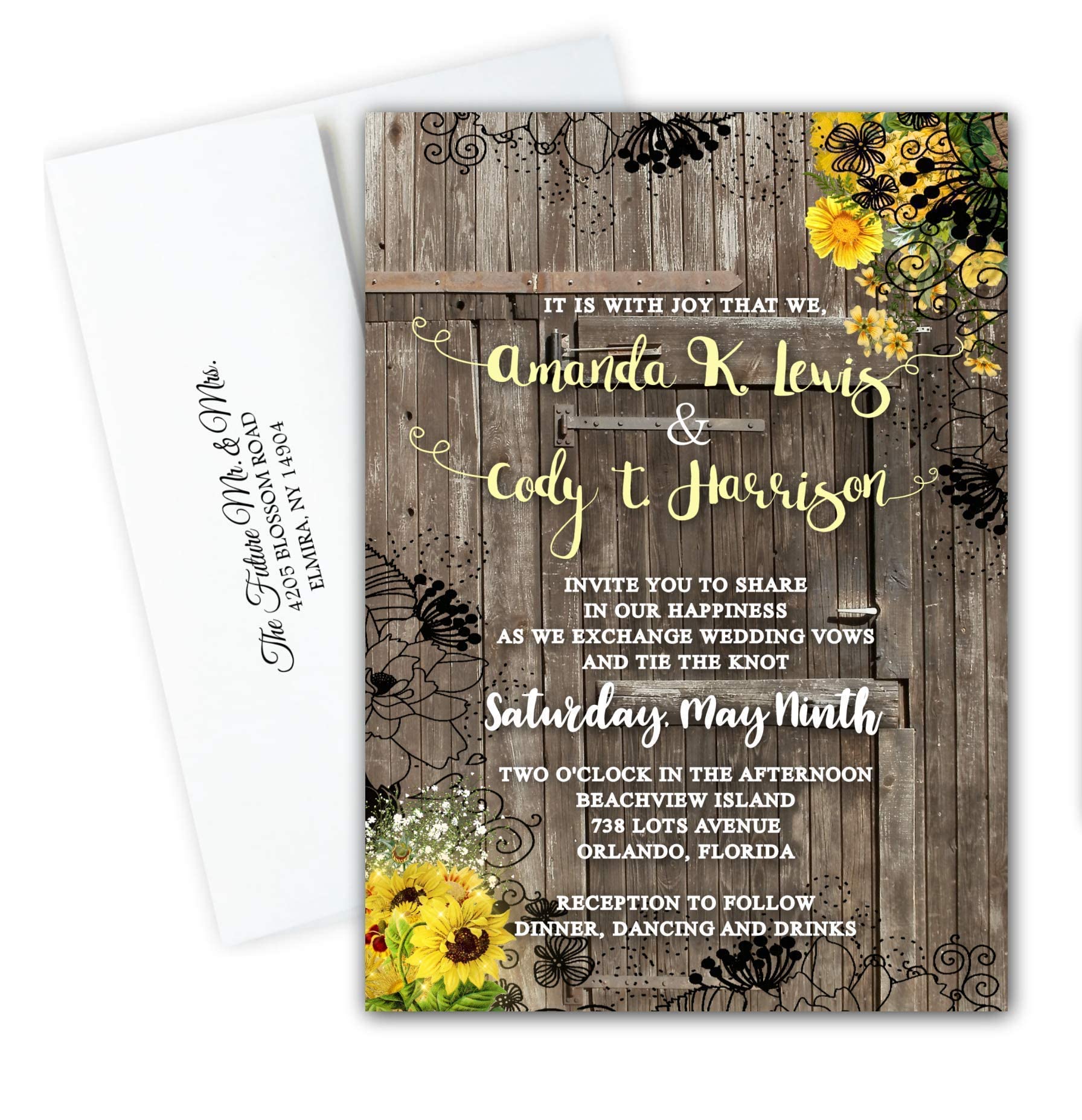 Custom Sunflower Rustic Wedding Invitation Set - 50 Personalized Yellow & Black Save the Date Cards with RSVP - Perfect for Country, Barn, and Fall Weddings