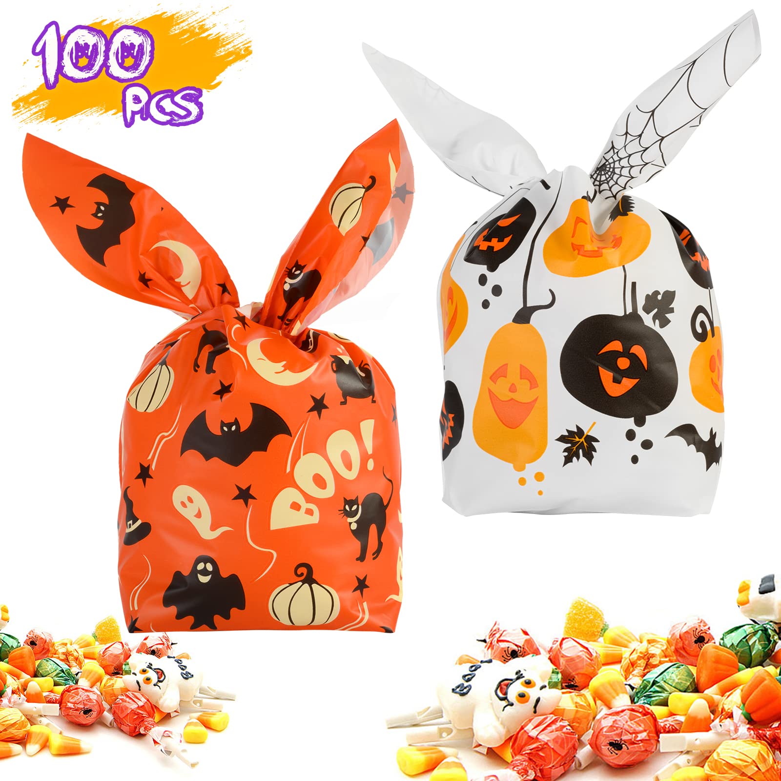 100 PCS Halloween Treat Bags - Cute Rabbit Ear Candy Bags for Kids Trick or Treat, Party Favors & Goodie Bags | Plastic Gift Bags for Halloween Party Decorations, Classroom Events & Candy Storage
