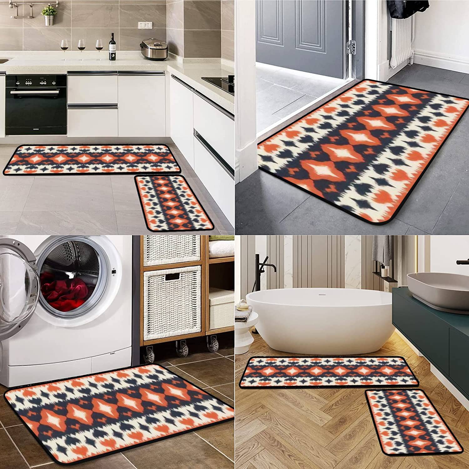 Non-Slip Washable Kitchen Rugs Set - Ethnic Abstract Ikat Design with Tribal Folk Embroidery, Anti-Fatigue Floor Mat for Comfortable Standing - Perfect for Kitchen Runner, Doormat, Bath Rug & Home Decor