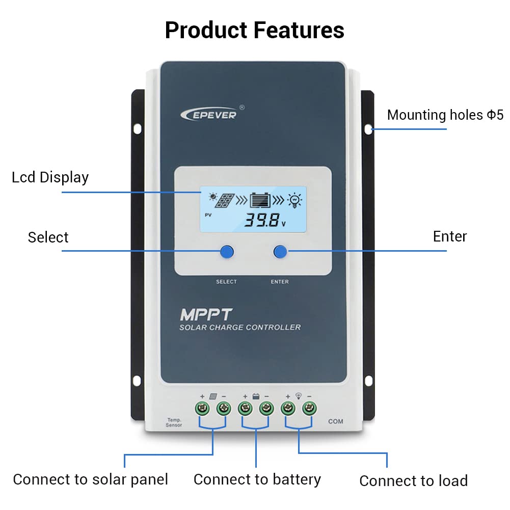 EPEVER 10A MPPT Solar Charge Controller 12V/24V Auto, 100V Max PV Input, Negative Ground, with MT50 Remote Meter, RTS Temperature Sensor & RS485 PC Cable – Ideal for Off-Grid Solar Systems, RVs, Boats, and Home Solar Panel Kits