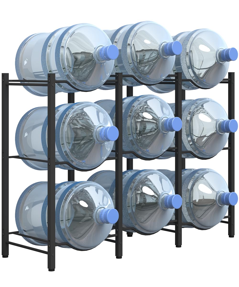 Mocomax 5 Gallon Water Jug Rack - Heavy Duty 3-Tier Detachable Holder for 9 Bottles, Space-Saving Cooler Organizer for Kitchen, Office, Living Room, Black | Perfect for Home, Camping, and Outdoor Parties