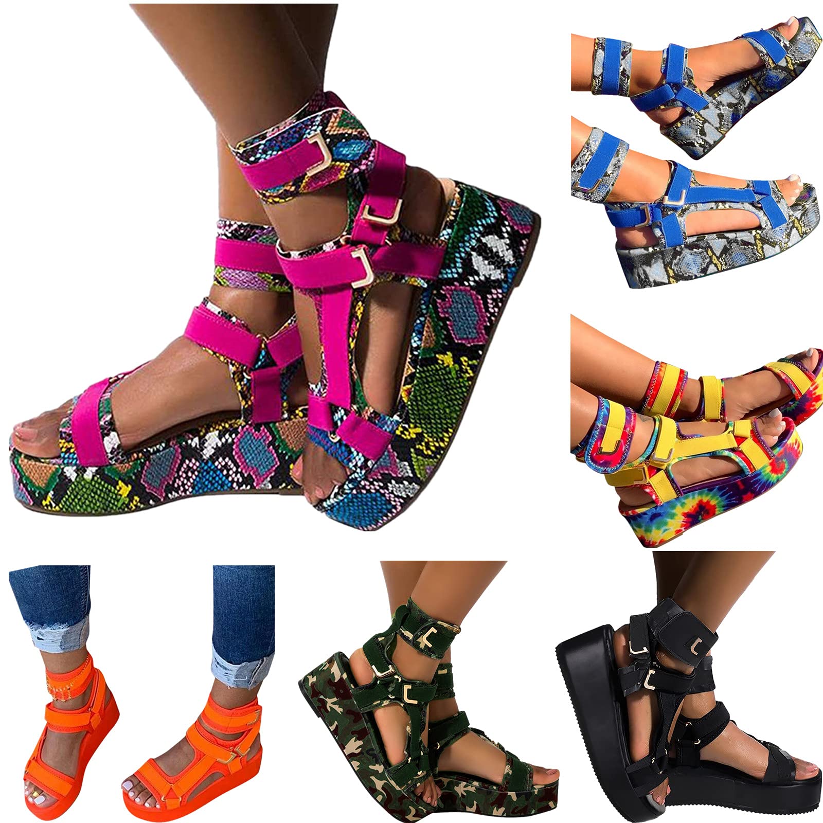 HIRIRI Women's Platform Sandals - Open Toe Ankle Strap Snakeskin Flats, Strappy Hollow Out Flatform Slip-On Beach Shoes for Summer Vacation, Pool Party & Casual Outings