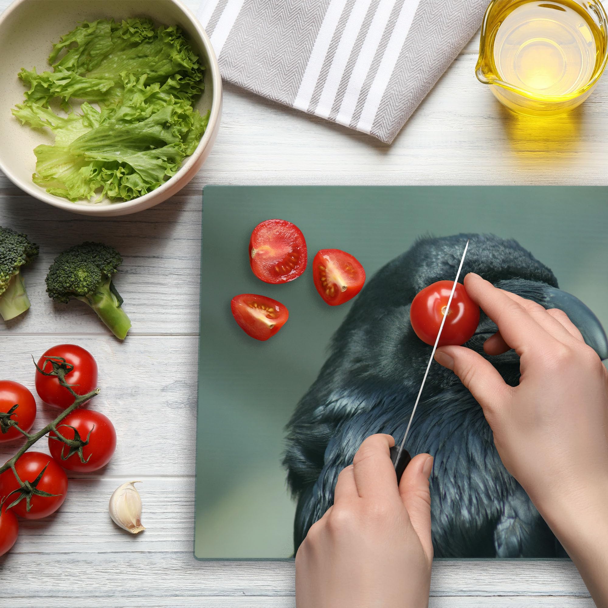 Ambesonne Black Crow Tempered Glass Cutting Board - Macro Photography Style Close-Up Bird Portrait with Blurred Background - Large Decorative Serving Board for Kitchen & Dining - Perfect for Entertaining, Food Prep, and Home Decor