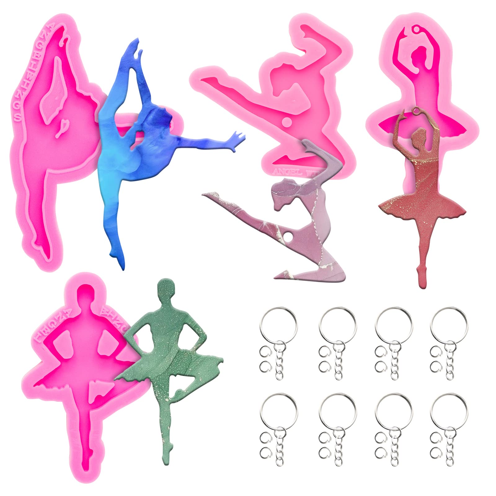64Pcs Epoxy Resin Molds Kit with 4 Dancing Shape Silicone Molds - DIY Keychain, Backpack Pendant & Jewelry Making Supplies for Resin Casting, Polymer Clay & Craft Projects - Perfect for Gifts, Home Decor & DIY Accessories