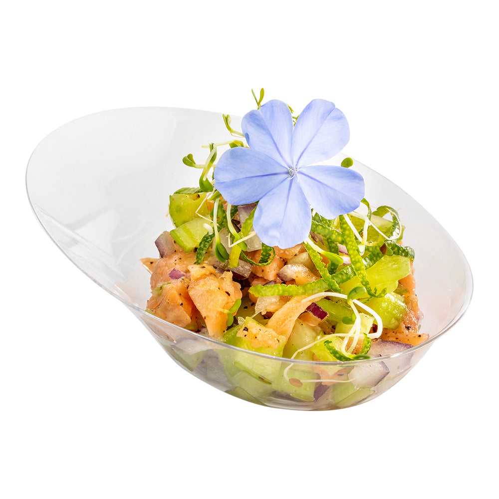 100-Pack Clear Plastic Oval Dishes & 100 Silver Mini Plastic Spoons - Perfect for Parties, Catering, and Dessert Serving