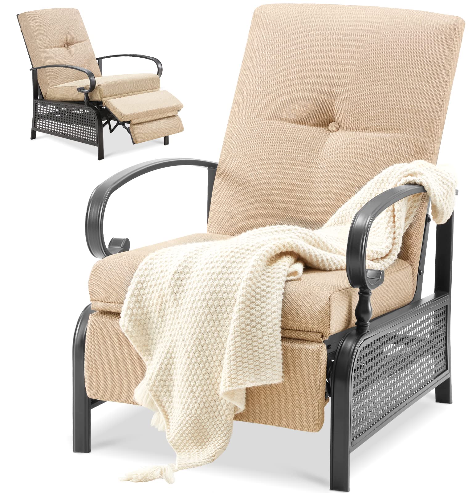 AECOJOY Adjustable Outdoor Recliner Chair - Patio Lounge Chair with Removable Beige Olefin Cushions for Poolside, Beach, Garden & Backyard Relaxation