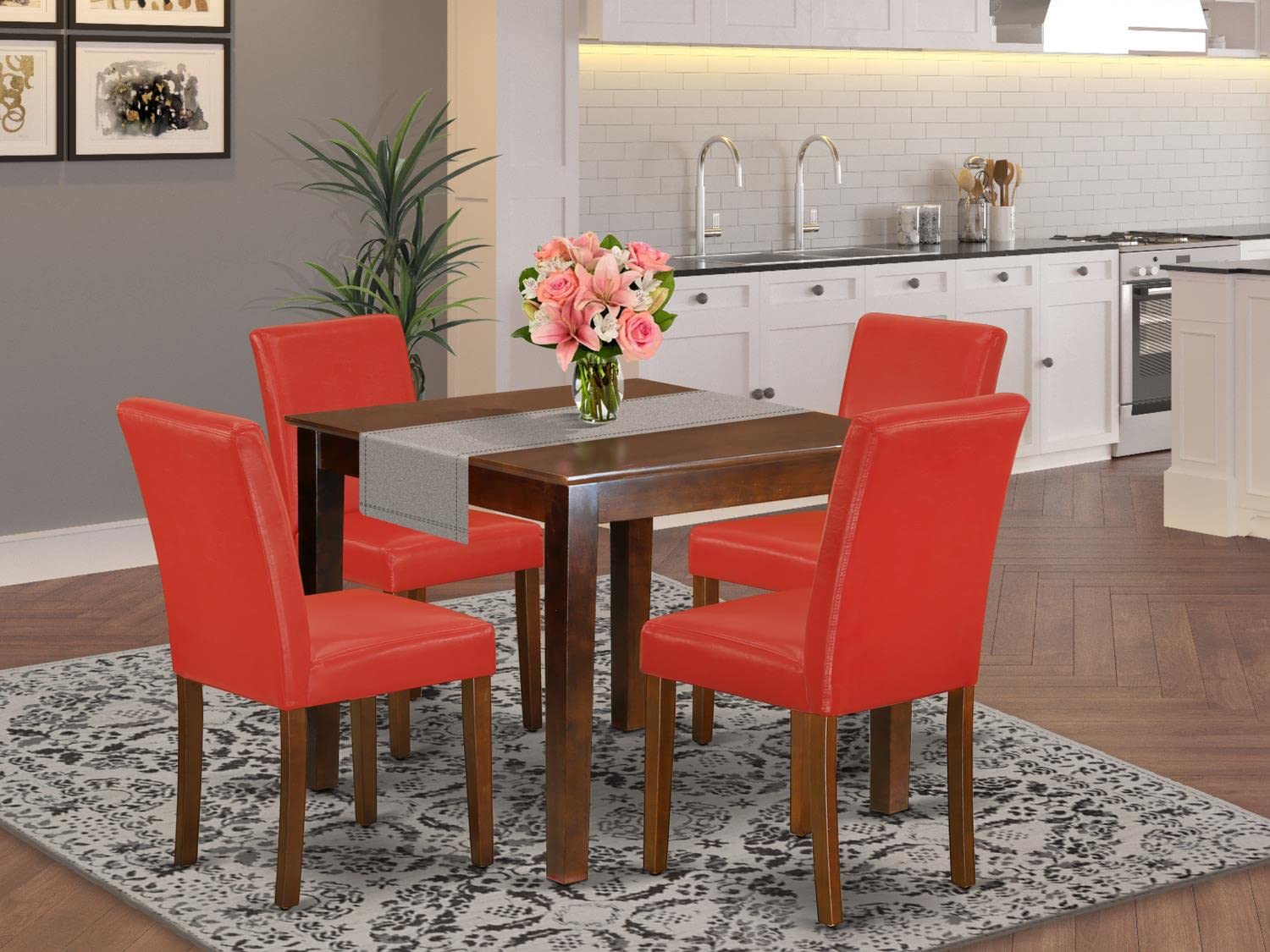 Modern 5-Piece Dining Set with Square Wooden Table & 4 Firebrick Red Faux Leather Chairs - 36x36 Inch Mahogany Finish | East West Furniture OXAB5-MAH-72 | Perfect for Small Spaces, Apartments & Contemporary Dining Rooms