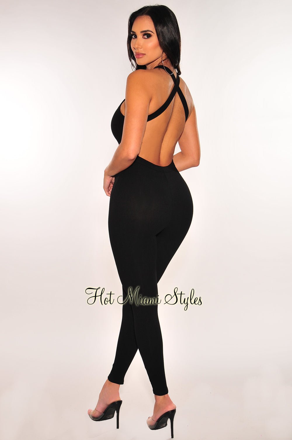 Black Ribbed Sleeveless Criss Cross Back Jumpsuit for Women - Sexy Bodycon Romper Outfit for Night Out, Party & Summer Vacation