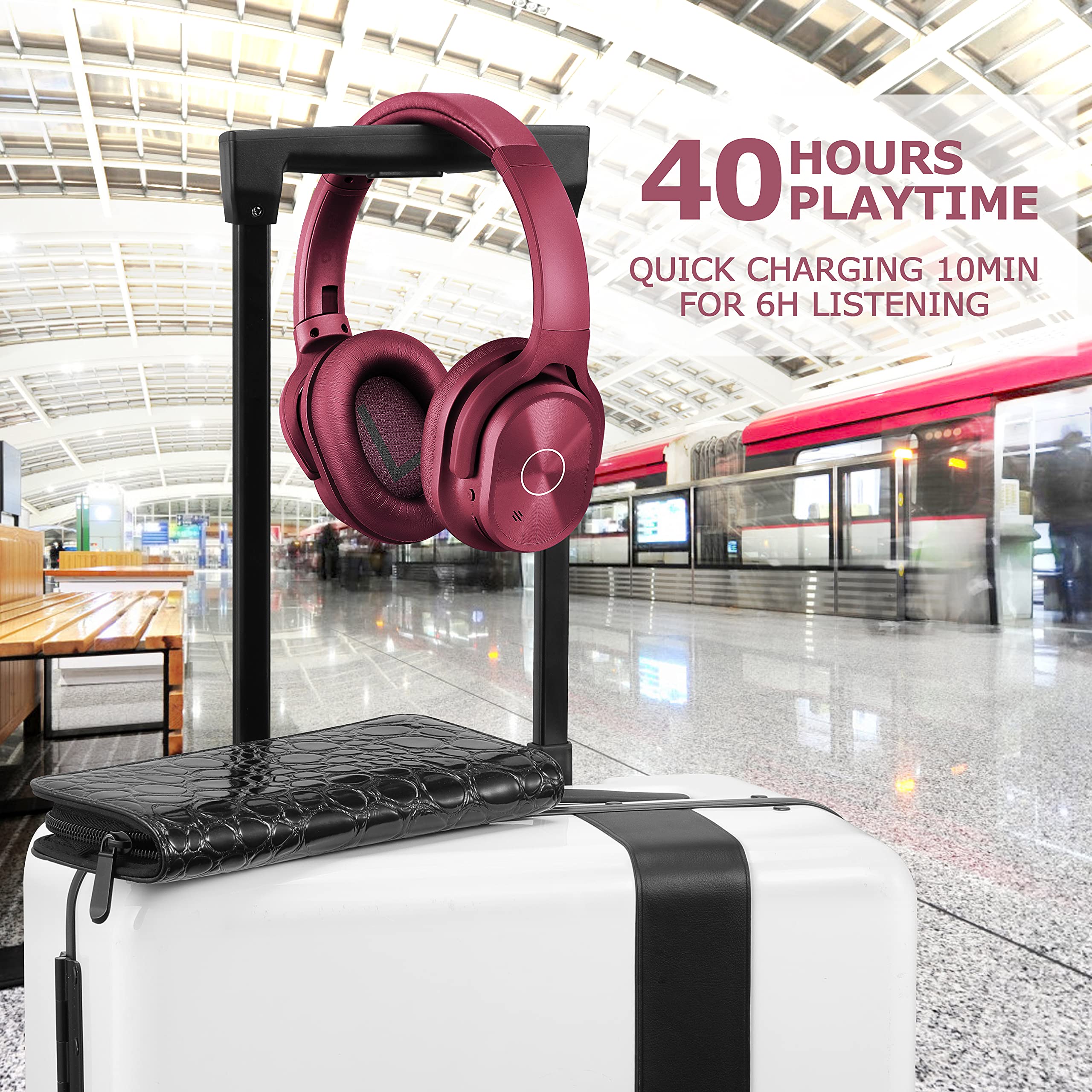 ZIHNIC Active Noise Cancelling Headphones Wireless Bluetooth 5.0 - 40H Playtime Hi-Fi Stereo Deep Bass Headset with Comfortable Earpads for Travel, Home, Office - Perfect for Commuting, Gaming & Work (Red)