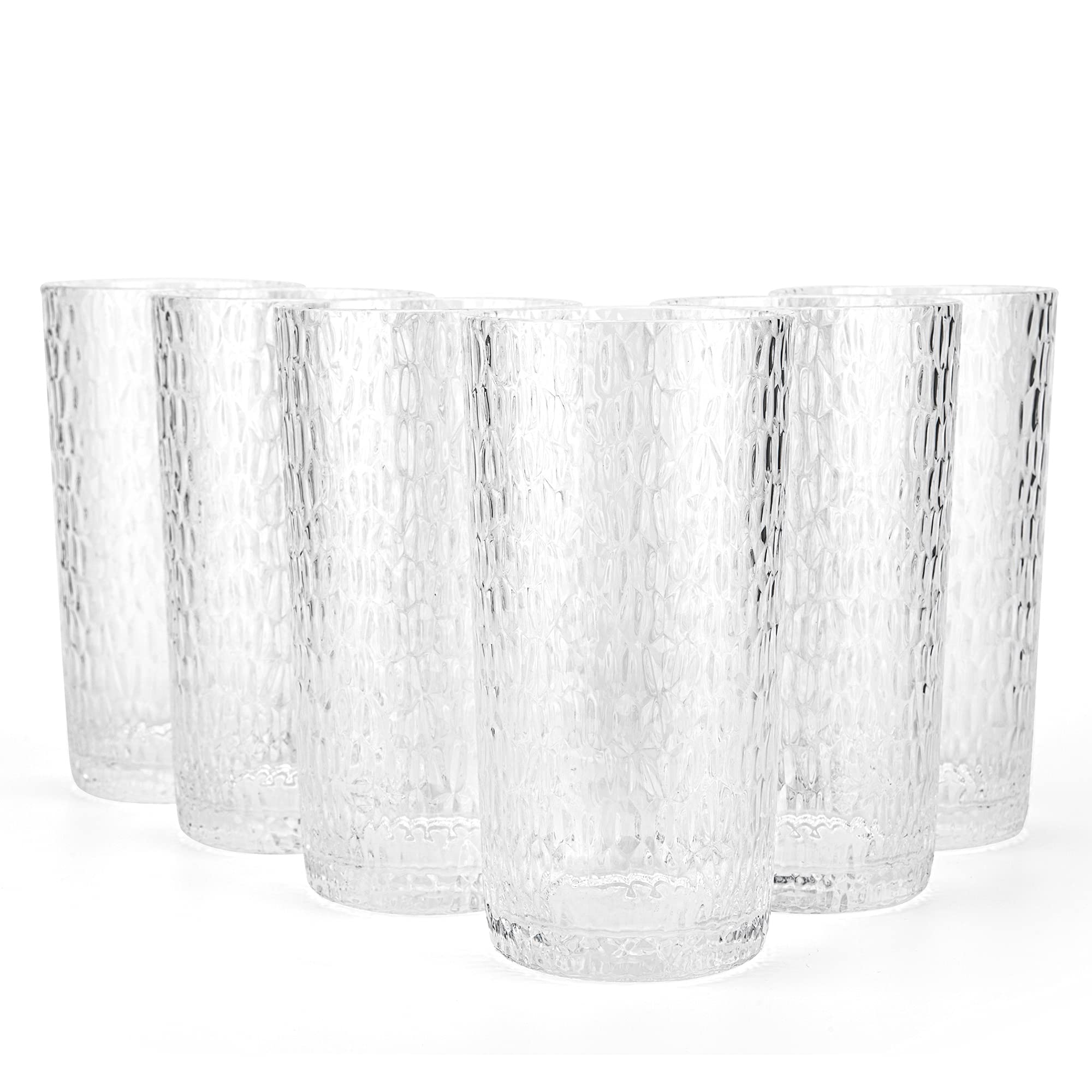 KX-WARE 22oz Honeycomb Design Plastic Highball Glasses - Set of 6 Clear Acrylic Tumblers for Cocktails, Iced Coffee & Party Drinks