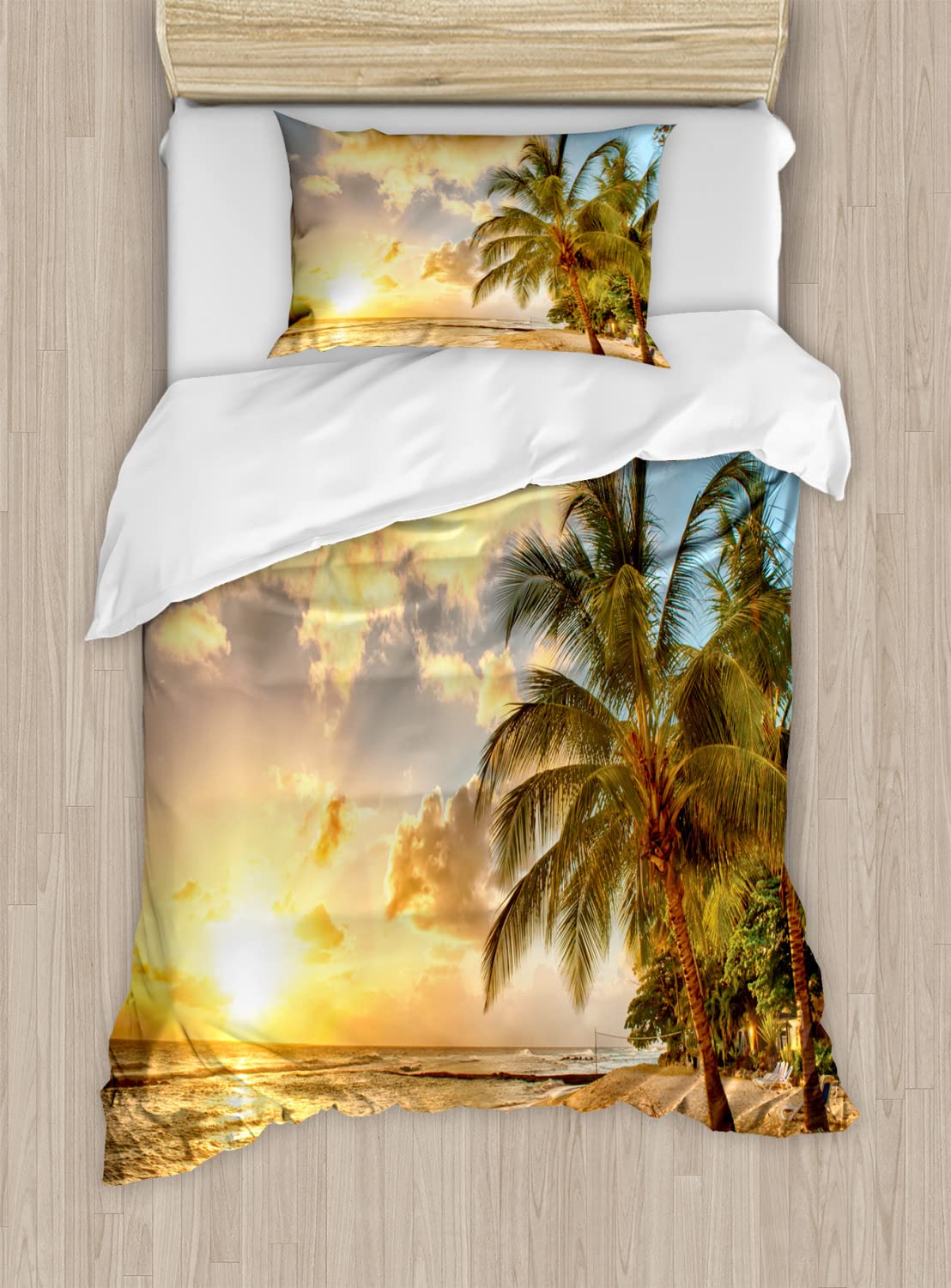 Ambesonne Tropical Beach Duvet Cover Set - Sunset Palm Tree Design, Twin Size 2-Piece Bedding (2 Duvet Covers + 2 Pillowcases) | Coastal Decor for Beach House, Vacation Rental & Summer Bedroom - Cream Blue Color