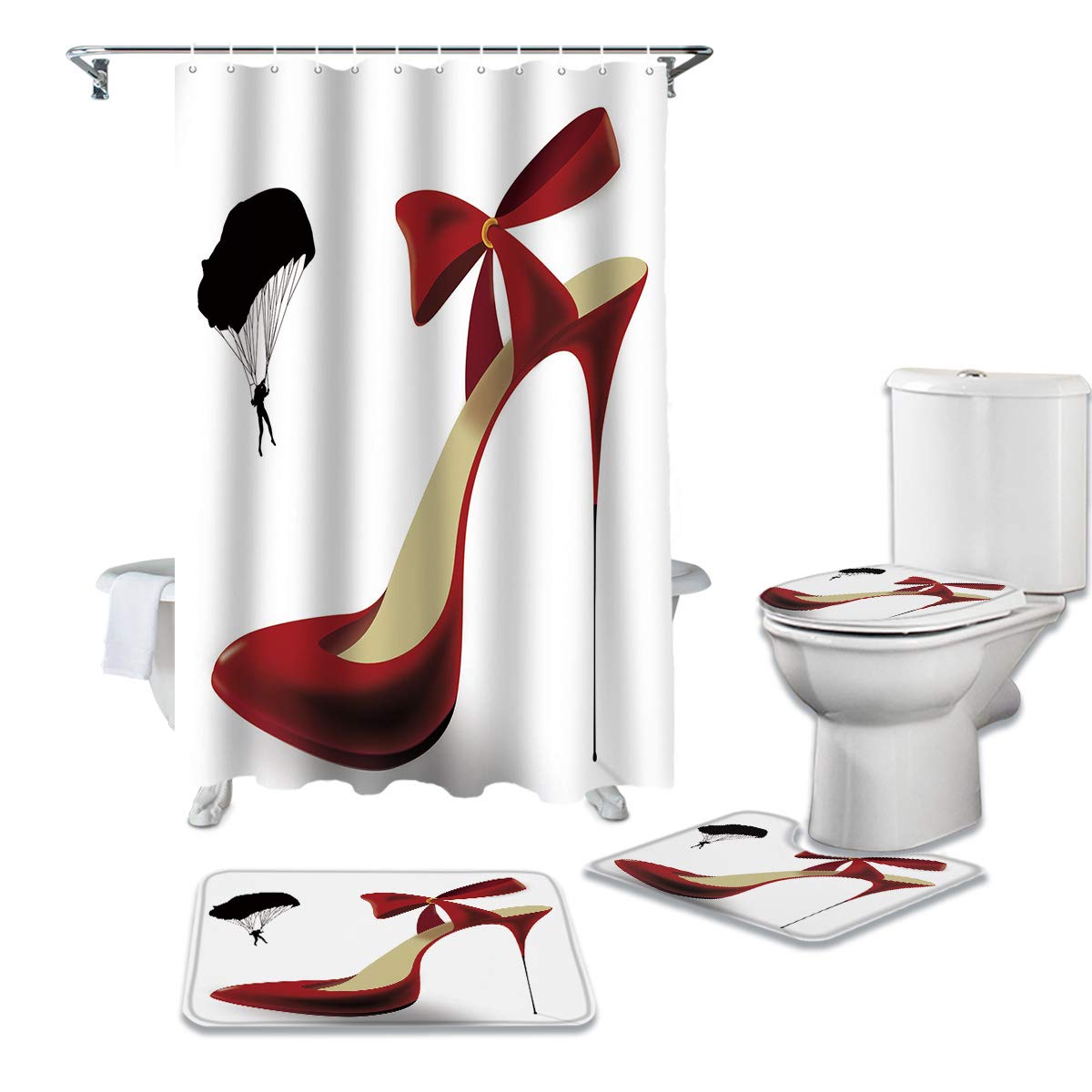 4-Piece Waterproof Shower Curtain Set with Non-Slip Bath Mat & Toilet Lid Cover - 72x72 Inch Black Parachute Fabric Bathroom Decor (Red High Heels Design) - Perfect for Modern Bathrooms, Guest Suites & Apartment Renovations