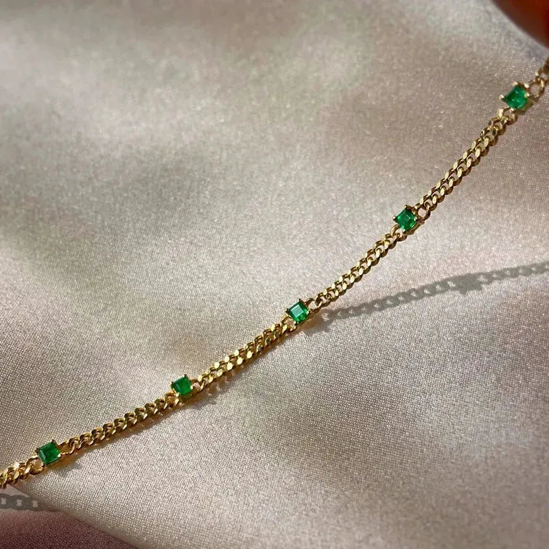 18K Yellow Gold Bracelet for Women - Real Natural Emerald or Diamond Fashion Jewelry, Elegant INS Style Birthday Gift for Her - Perfect for Anniversaries, Parties & Special Occasions
