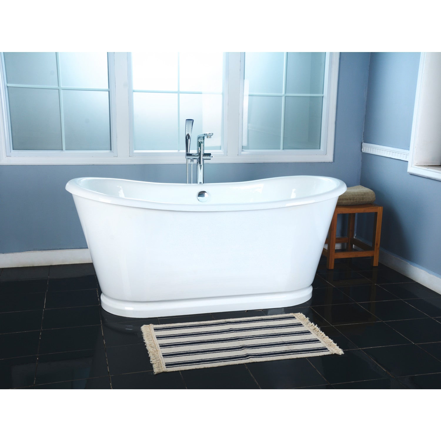 Aqua Eden 66 Inch White Cast Iron Oval Double Slipper Pedestal Bathtub - No Faucet Drillings - Luxury Freestanding Soaking Tub for Spa Bathroom & Master Suite Relaxation