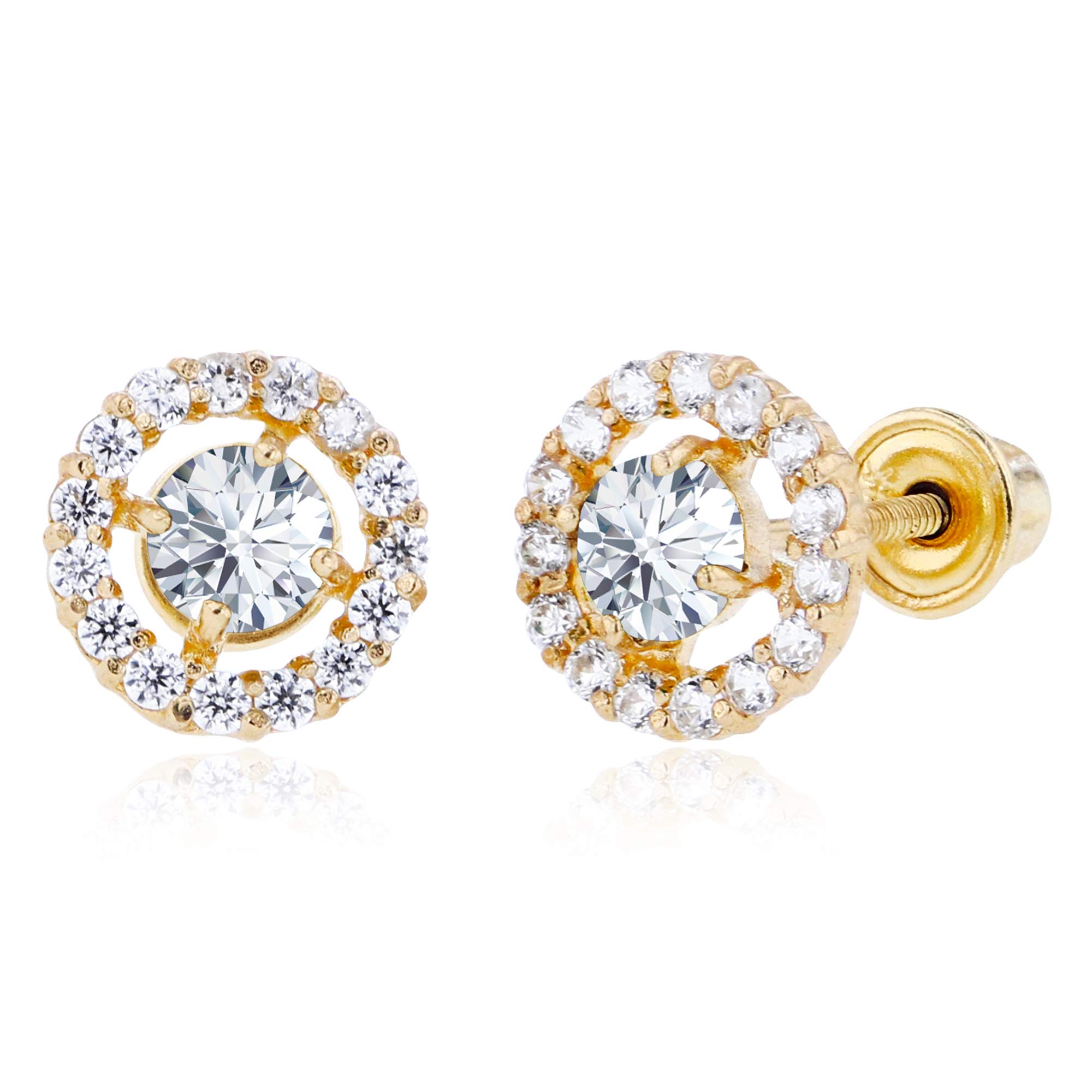 14K Solid Gold 6mm Halo Natural Birthstone Screwback Stud Earrings for Women | 3mm Round Birthstone with 1mm White Sapphire Halo | Perfect for Birthdays, Anniversaries & Special Occasions