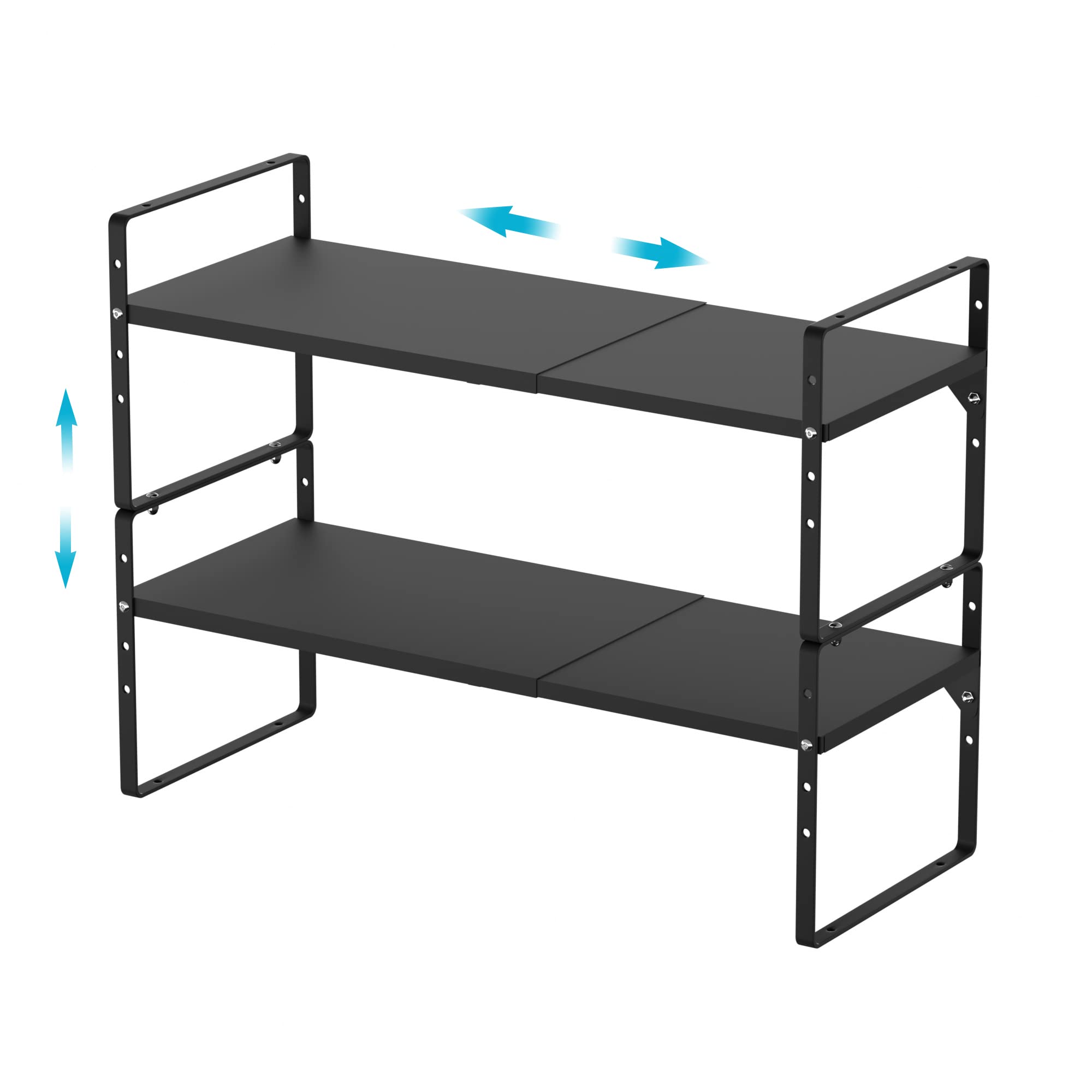 2 Pack Expandable Cabinet Shelf Organizer - Heavy Duty Steel Spice Rack with Adjustable Height for Kitchen, Pantry, Office & Garage Storage - Space Saving Counter Shelf Organizer for Spices, Cans & Kitchen Supplies (Black) - Perfect for Small Space Organization & Clutter-Free Countertops