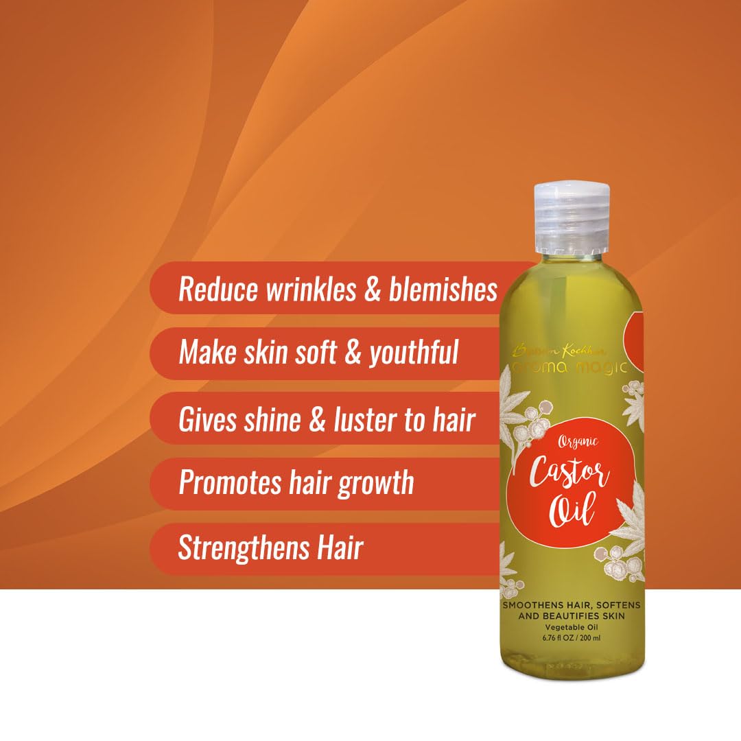 Organic Castor Oil for Hair Growth & Skin Care - 200ml Pure Cold-Pressed Aroma Magic Oil - Perfect for Eyelashes, Eyebrows & Dry Skin Hydration
