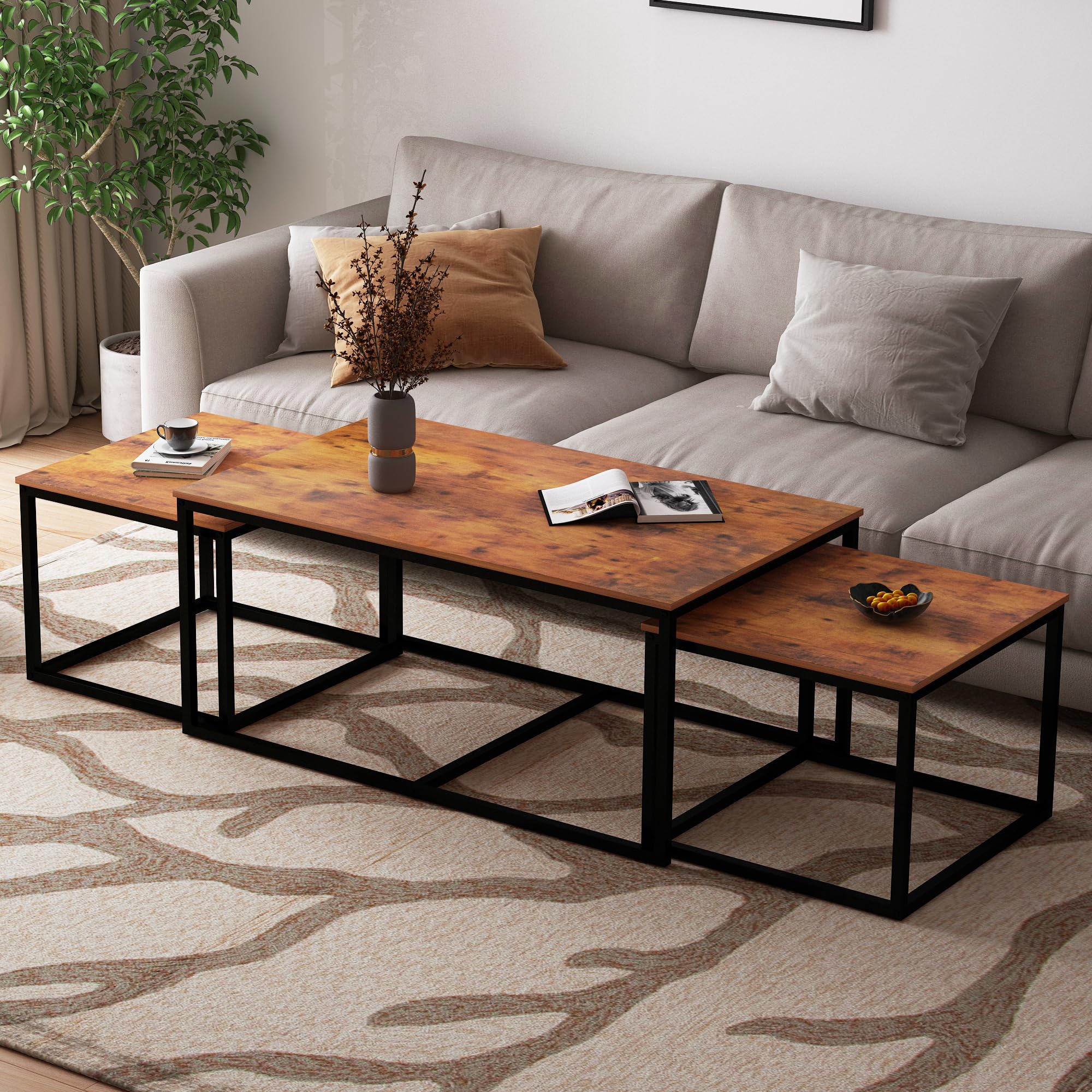 3-Piece Industrial Nesting Coffee Table Set - Rectangular Side Tables for Living Room & Bedroom - Modern End Tables for Small Spaces, Home Decor & Apartment Furniture