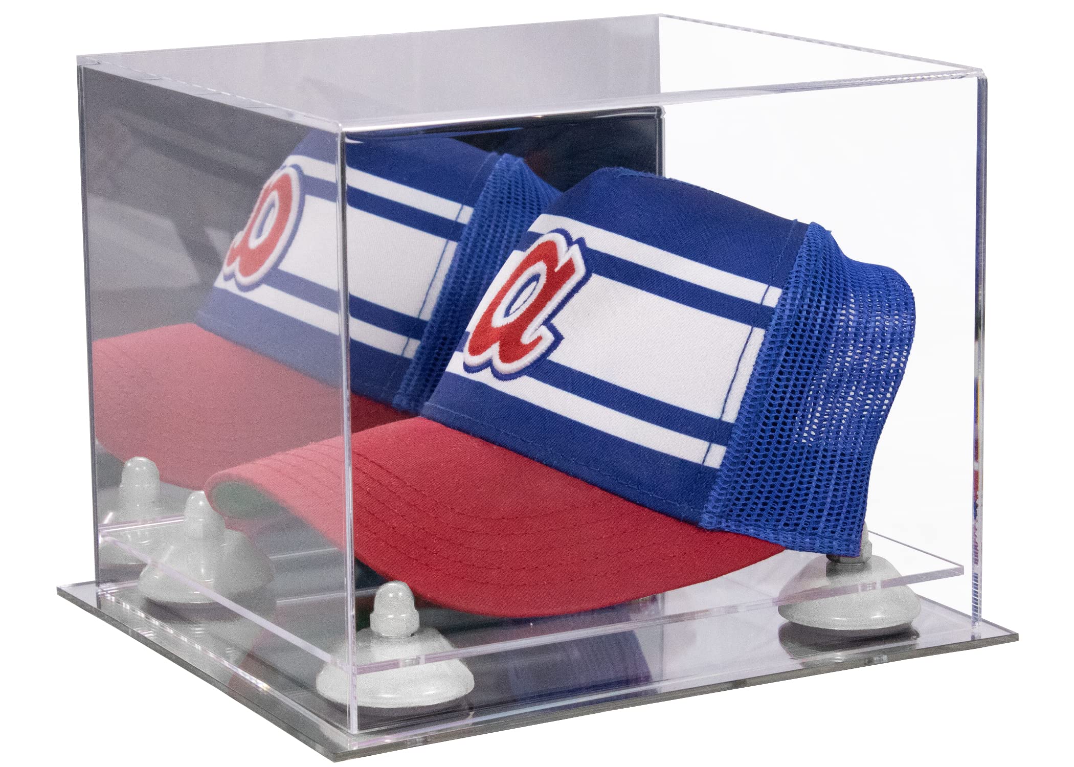 Acrylic Baseball Hat Display Case with Mirror - White Risers & Mirror Base (V21/A006) | Perfect for Collectors, Retail Stores & Home Decor