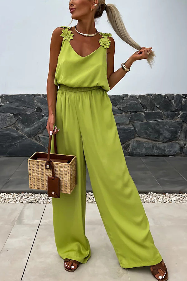Solid Color Embroidered Flower Suspenders Casual Loose Jumpsuit for Women | Summer Boho Romper | Outdoor Music Festival & Beach Vacation Outfit