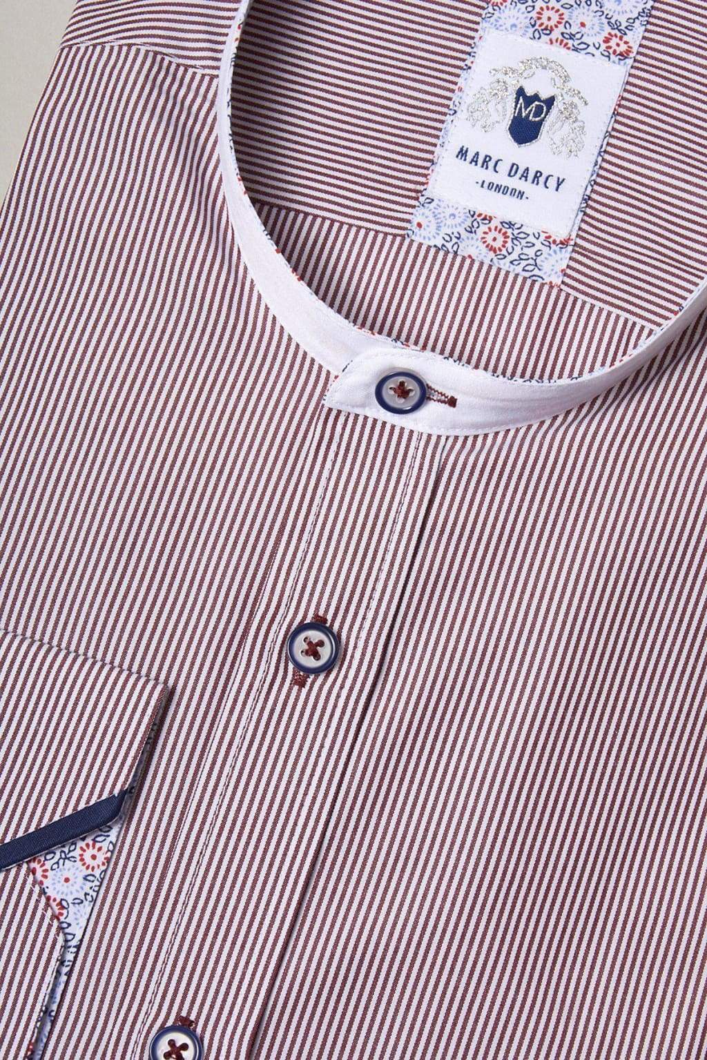 Marc Darcy Cooper Grandad Collar Wine Stripe Shirt - Stylish Vintage-Inspired Casual Button Down for Men | Perfect for Date Nights, Office Wear & Weekend Outings
