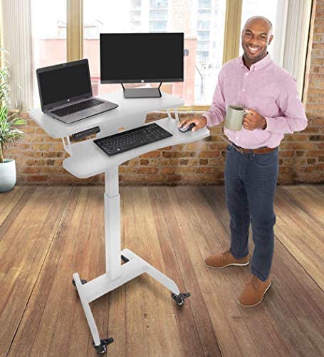 Stand Steady Cruizer Premier Electric Mobile Podium Desk with Keyboard Tray - Adjustable Height Sit Stand Desk with Wheels & Programmable Control Pad - Portable Lectern for Office, Classroom, Conference & Home Use (White)