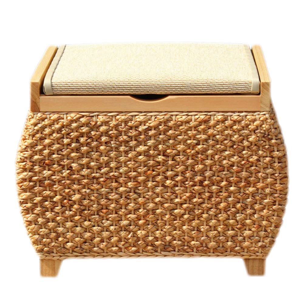 Rattan Wood Storage Ottoman with Bamboo Mat - Drum Shaped Stool for Shoe Storage, Foot Rest & Sitting Bench | Perfect for Living Room, Bedroom & Entryway Organization