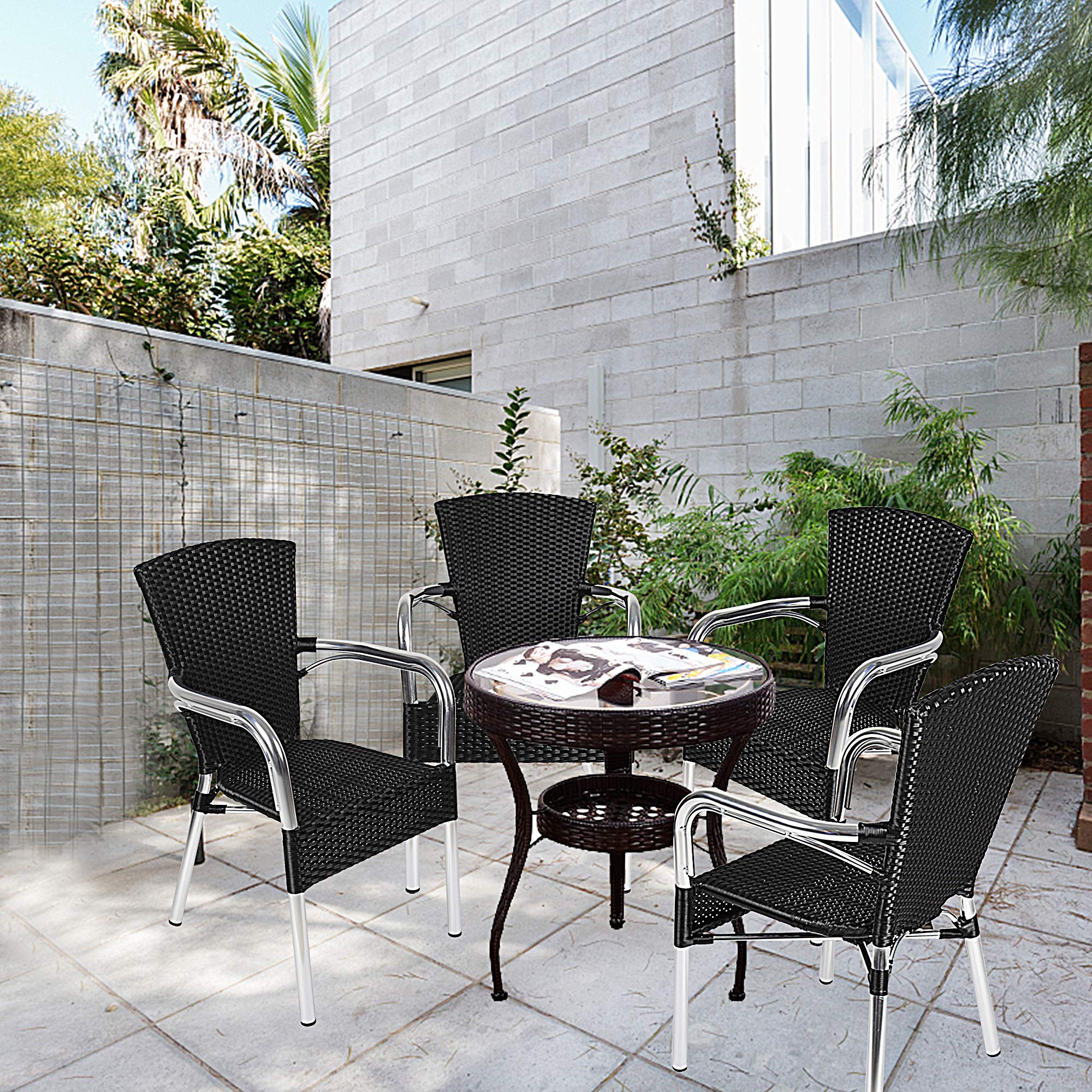 4-Piece Rattan Chair Set - Stackable Wicker Patio Chairs with Handrails for Indoor & Outdoor Use - Perfect for Garden, Balcony, Poolside & Patio Furniture