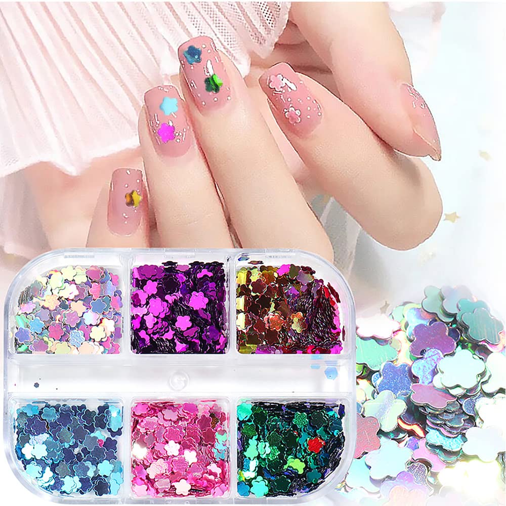 Holographic Flower Nail Glitter Sequins - 6 Grids 3D Colorful Blossom Confetti for Spring Nail Art | DIY Manicure Decoration & Nail Stickers | Perfect for Wedding, Party, Salon Nail Designs