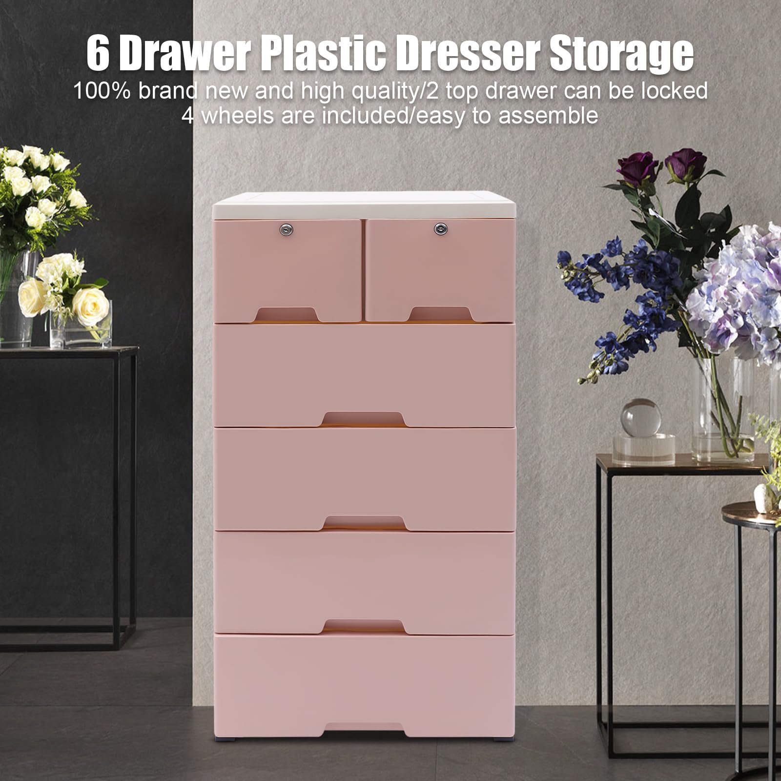 6-Drawer Plastic Storage Dresser Cabinet - Tall Vertical Closet Organizer for Clothes, Toys & Bedroom | Space-Saving Pink Furniture for Playroom, Dorm & Home Organization