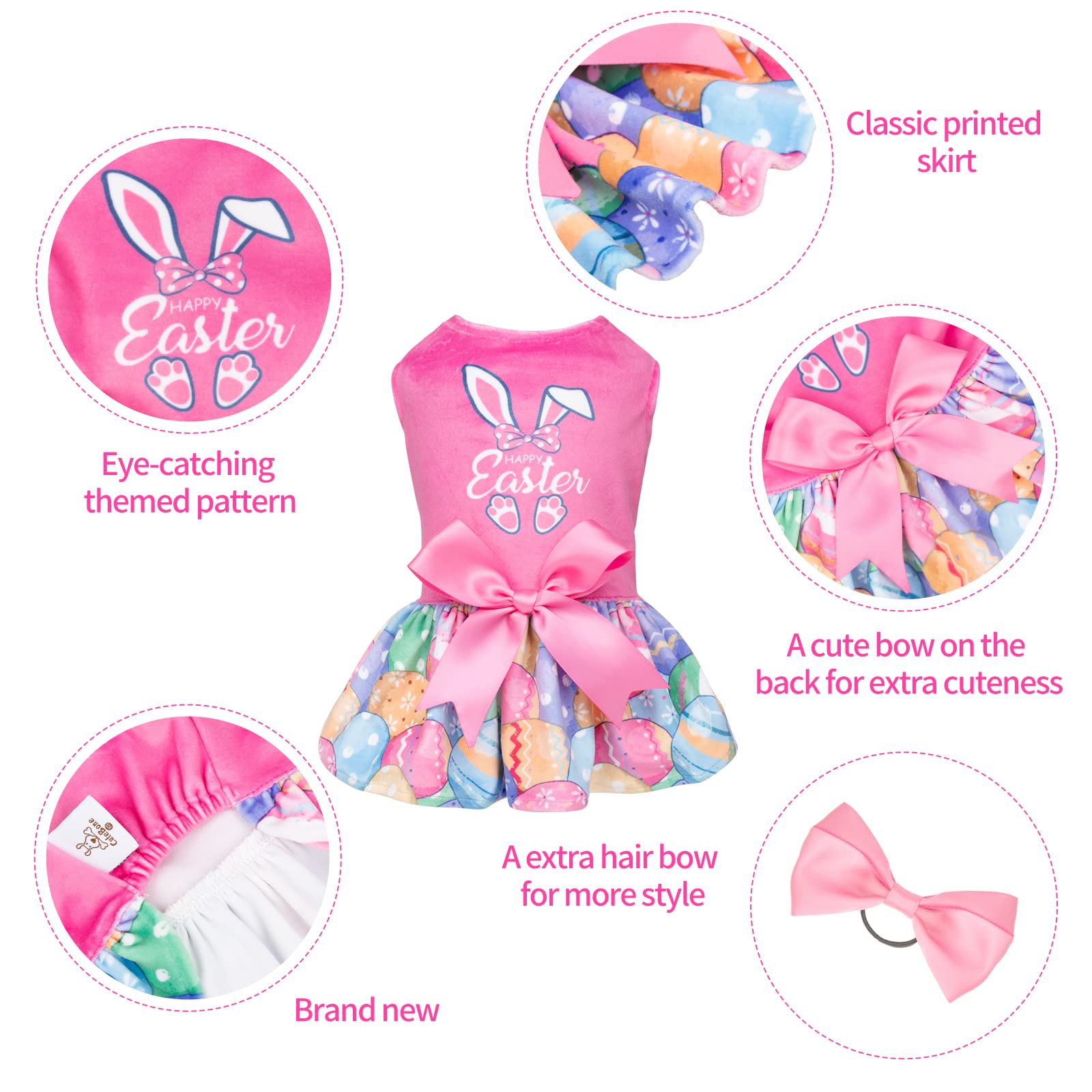Happy Easter Dog Dress for Small Dogs - Velvet Pink Puppy Dress with CuteBone Design - Perfect for Easter Photos, Parties & Holiday Outfits (CVA18M-D)