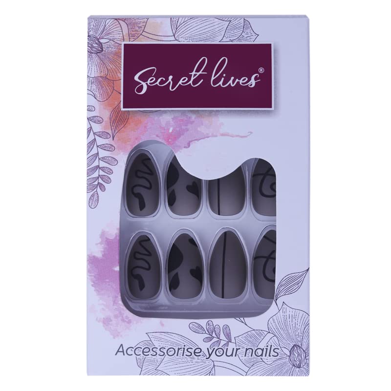 Secret Lives® 24Pcs Acrylic Press On Nails - Almond Shape Fake Nails Extension with Black & Brown Design, Includes Glue & Stickers - Perfect for Parties, Weddings, and Everyday Glam