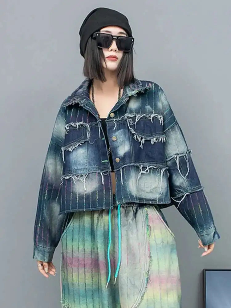 Women's Big Size Denim Jacket & Wide Leg Pants Two-Piece Suit - Lapel Long Sleeve Fashion Set for Spring & Autumn 2025 | Trendy Outfit for Casual Wear, Office, and Date Nights (Style: 1DH6431)