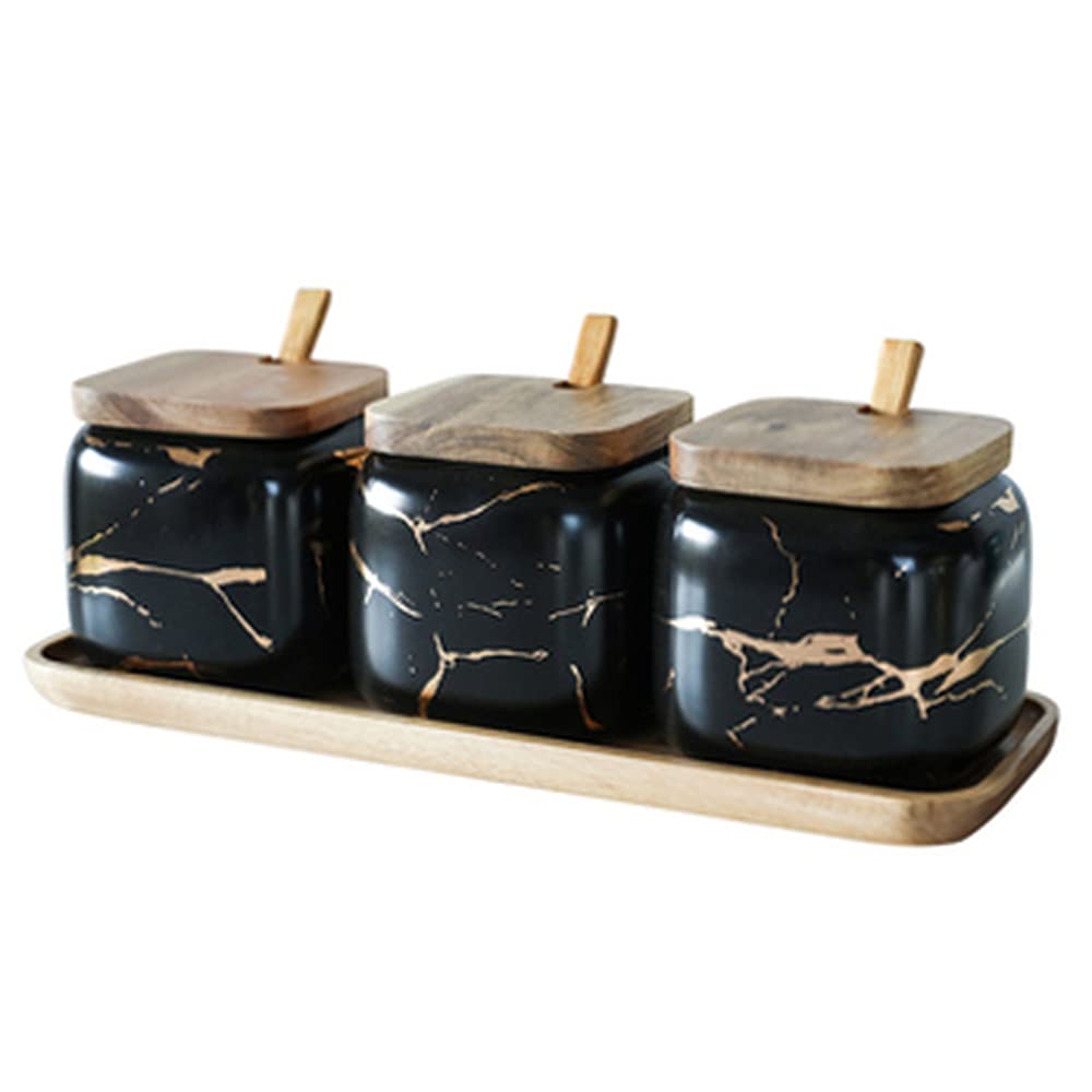 Premium Ceramic Salt and Spice Jar Set - 4-Piece Kitchen Seasoning Containers with Lids & Spoons - Elegant Storage for Salt, Pepper, Herbs - Perfect for Cooking, Baking & Dining Table Decor