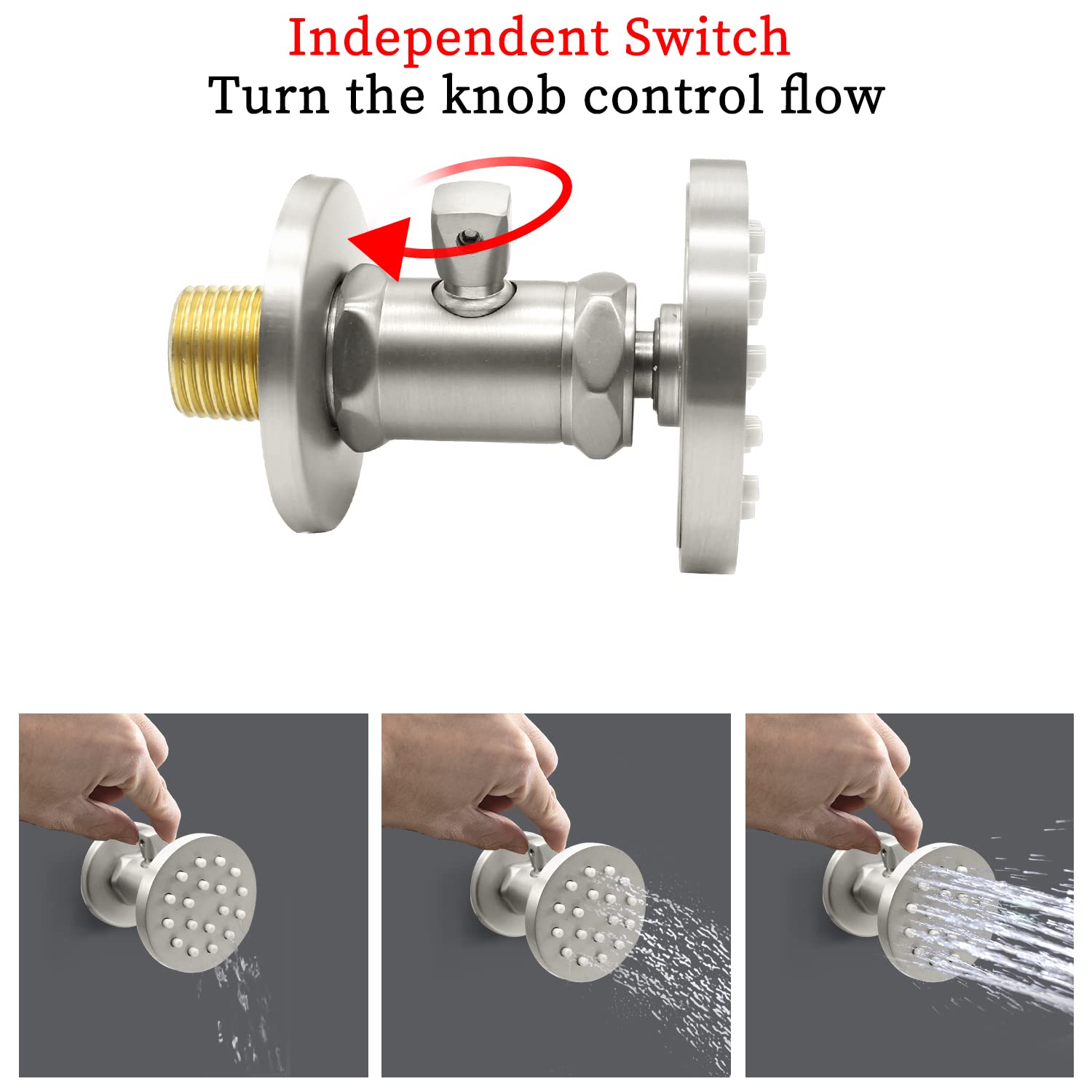 Upgraded Solid Brass Round Shower Spray Jets - 6 Pack Wall Mounted Adjustable Body Massage Sprayer with On/Off Switch & Water Control Valve in Brushed Nickel - Perfect for Spa-Like Bathroom Experience & Luxury Shower Upgrades