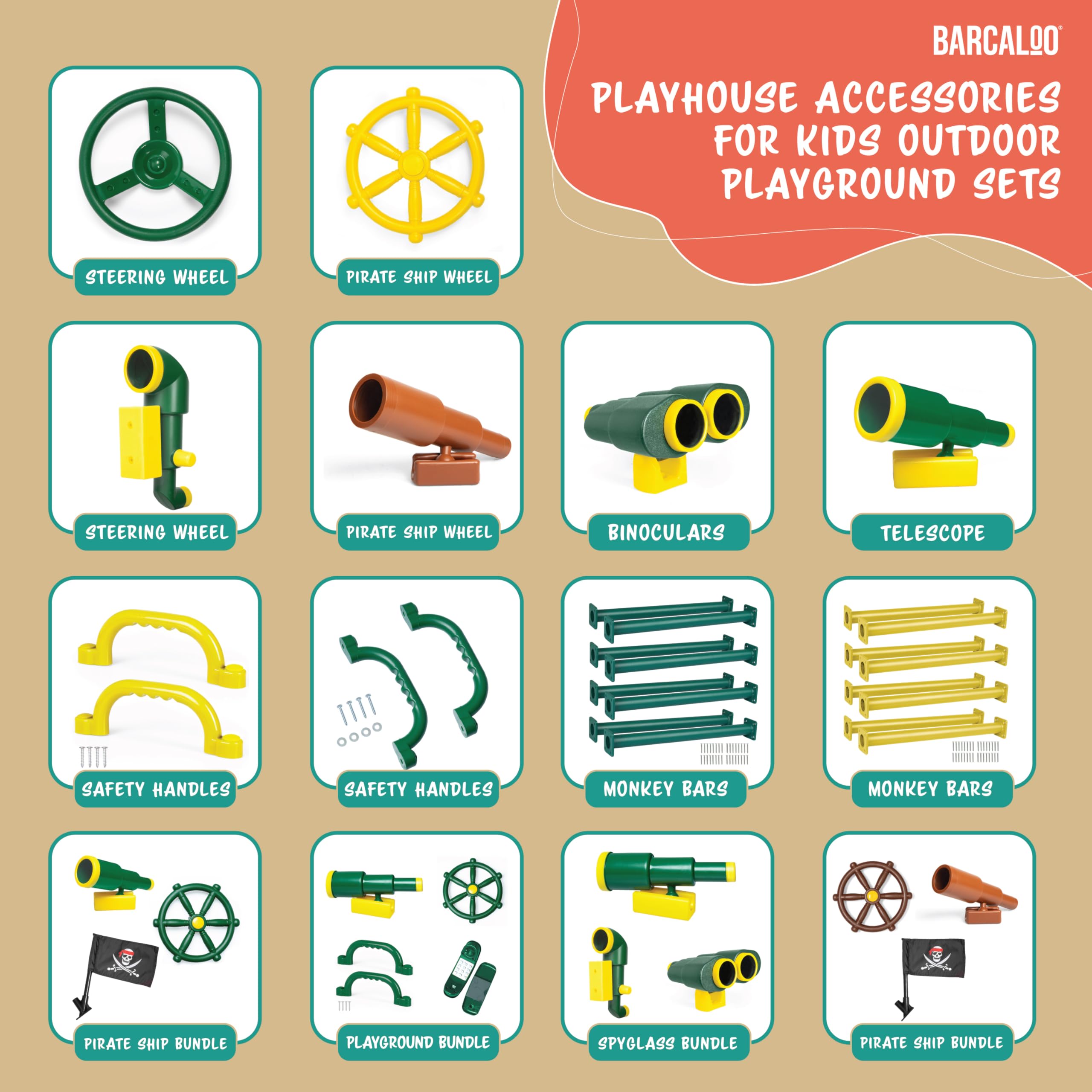 Kids Outdoor Playground Accessories - Pirate Telescope, Steering Wheel & Green Safety Handle Bars for Backyard, Playhouse, Treehouse, Jungle Gym, Swingset & Pirate Ship | Perfect for Imaginative Play & Outdoor Adventures