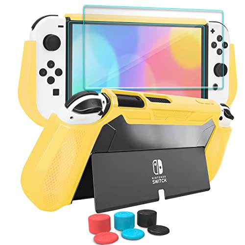 Premium Dockable Case for Nintendo Switch OLED (2021) - TPU Grip Protective Cover with Screen Protectors & Thumb Grip Caps for Switch OLED Console & Joy-Con Controllers (Yellow) - Perfect for Travel, Gaming On-The-Go & Console Protection